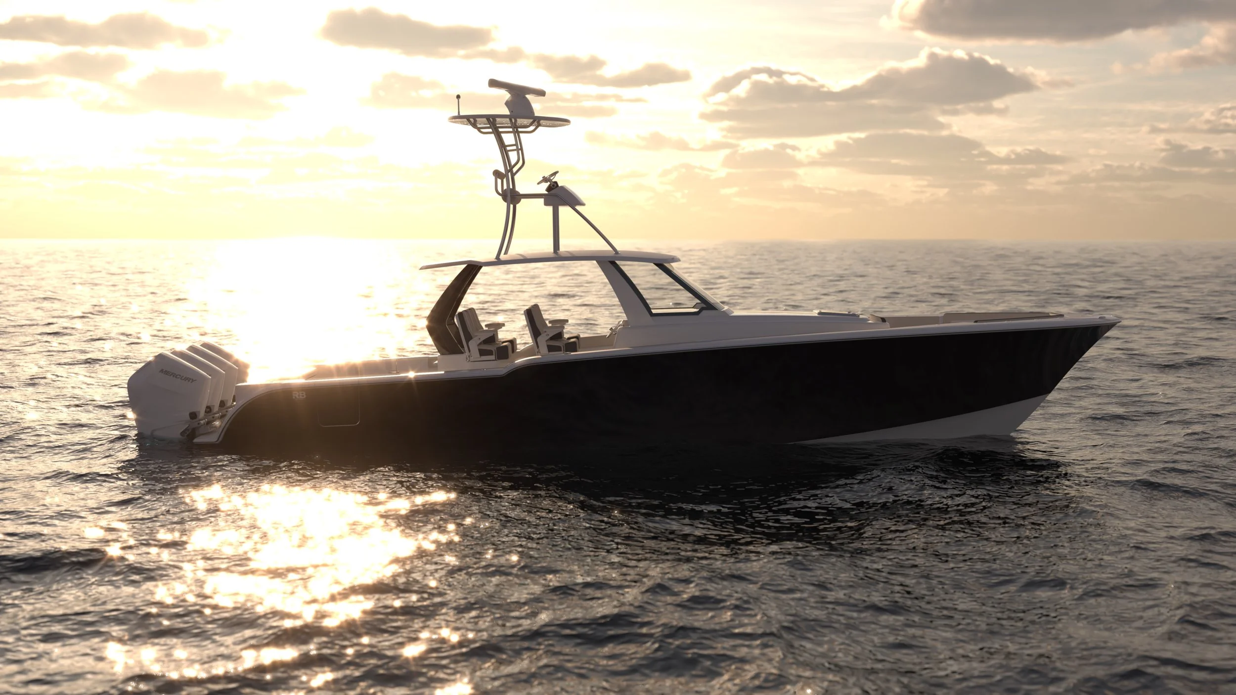 A black and white motorboat with multiple seats moving through calm ocean waters during sunset with cloudy sky.