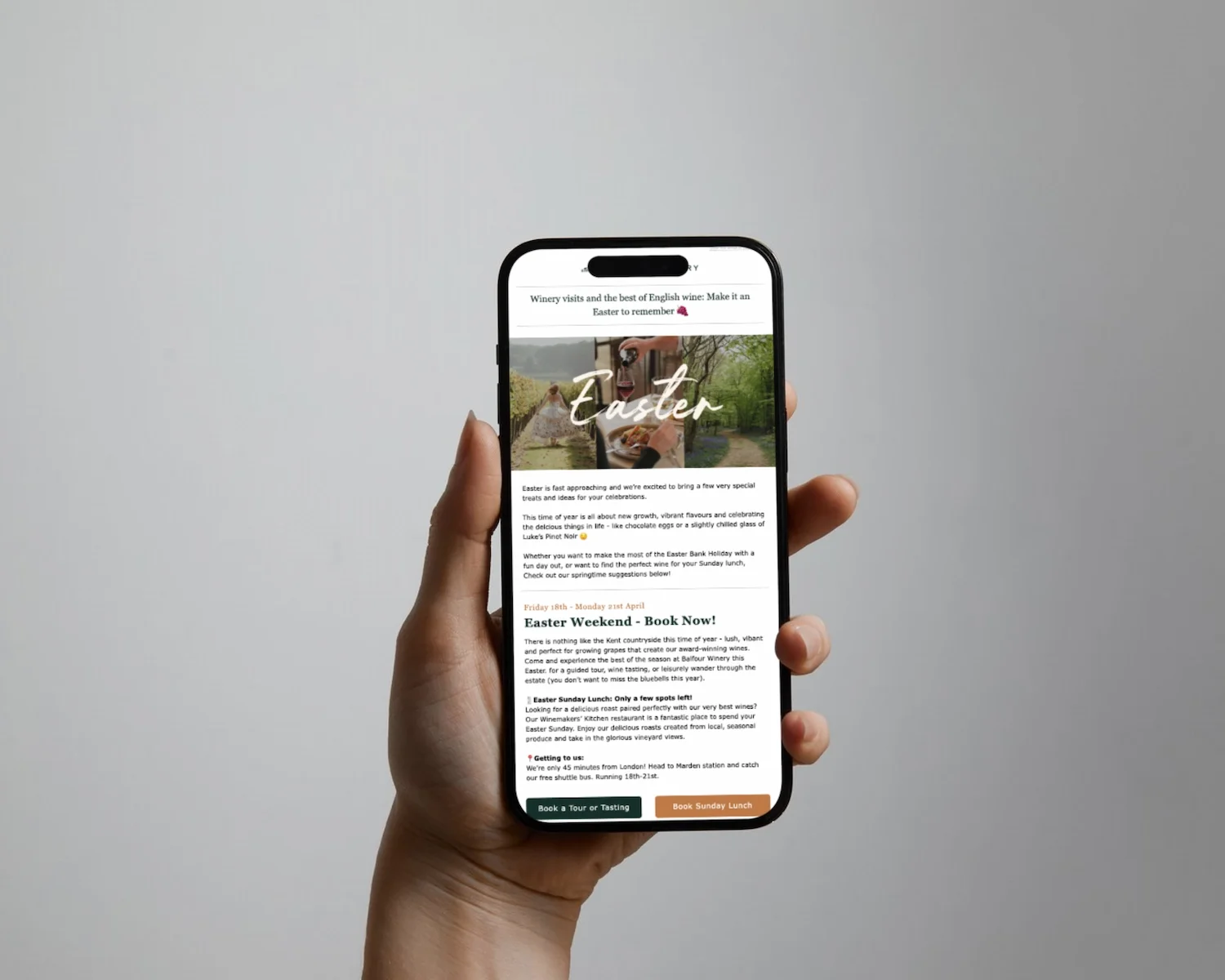 Hand holding a smartphone displaying an Easter-themed webpage for winery visits, tastings, and special holiday brunches with images of vineyards and wine.