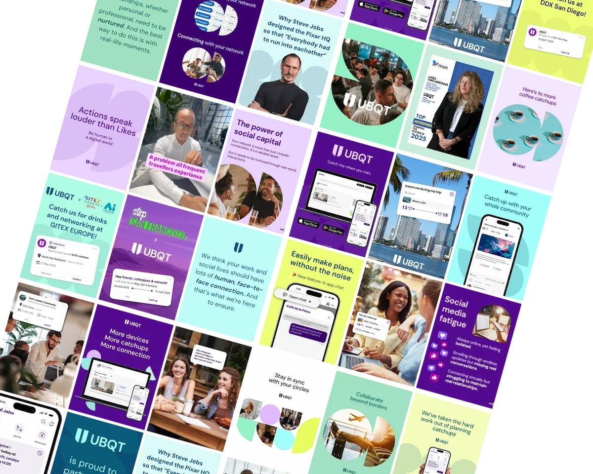 Collage of various promotional posters and screens for UBQT, featuring slogans, app screenshots, and images of people using technology. Highlights include messages about social media fatigue, connectivity, event invitations, and app features for communication and networking.