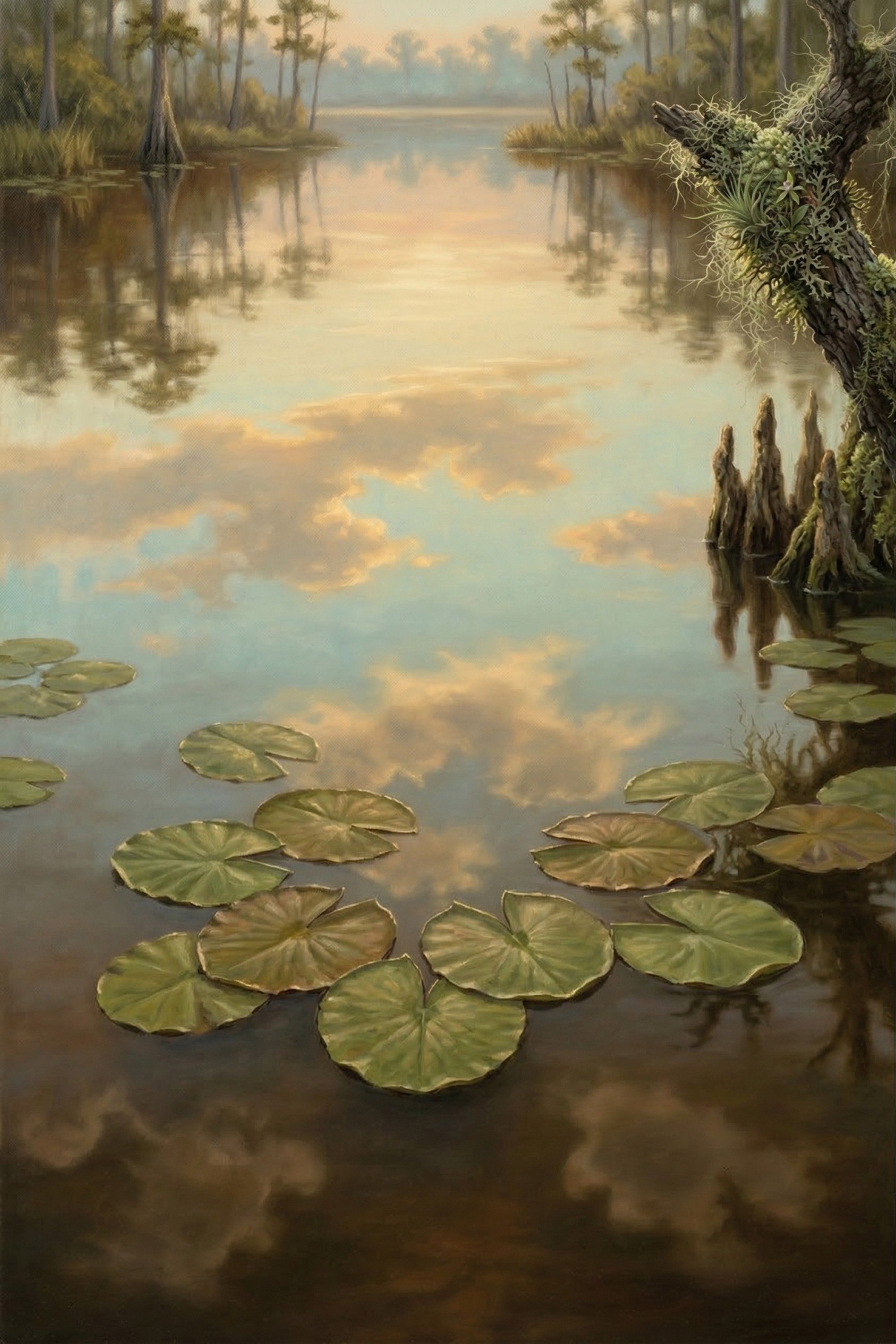 16 Water Lilies Reflecting at Drawf Cypress