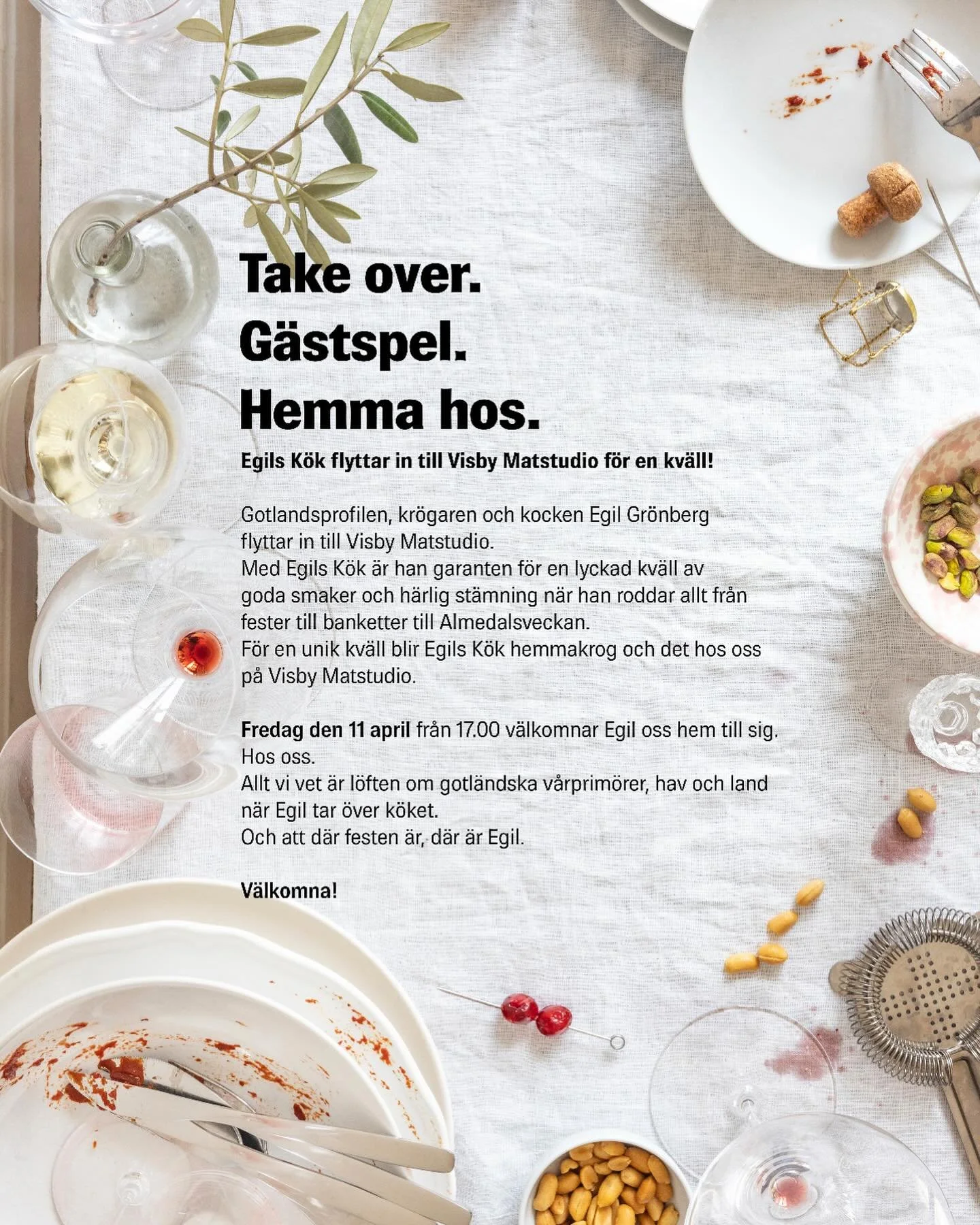 Roliga nyheter - fredagen den 11:e april k&ouml;r @egilskok ett exklusivt g&auml;stspel p&aring; @visbymatstudio 

Det finns 24 platser denna kv&auml;llen!

Det blir en fem r&auml;tters v&aring;rmeny med &aring;rets f&ouml;rsta 
gr&ouml;na sparris, c