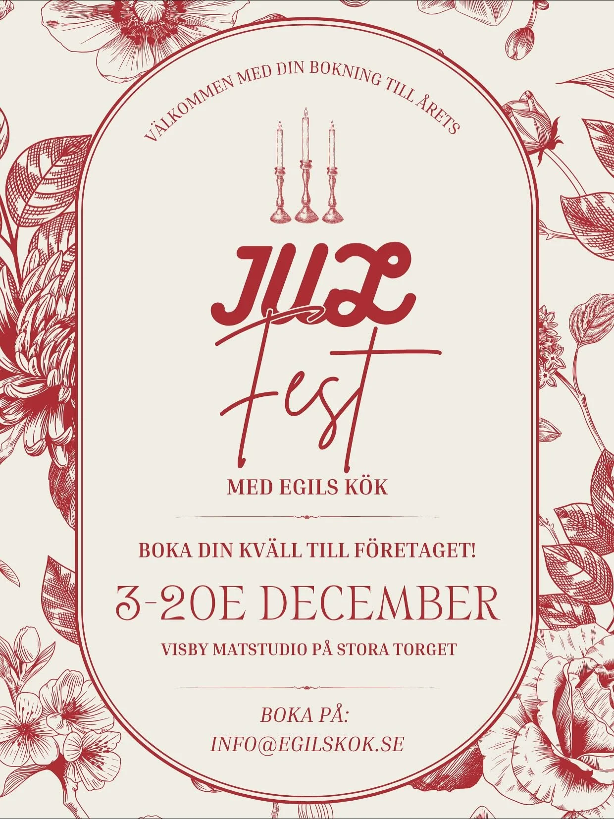 Julfest med Egils k&ouml;k hos @visbymatstudio 

Mellan 3e till 20e dec finns det m&ouml;jlighet att boka julfest f&ouml;r just ert f&ouml;retag, ni v&auml;ljer mellan tv&aring; olika menyer antingen traditionellt julbord serverat till bordet eller e