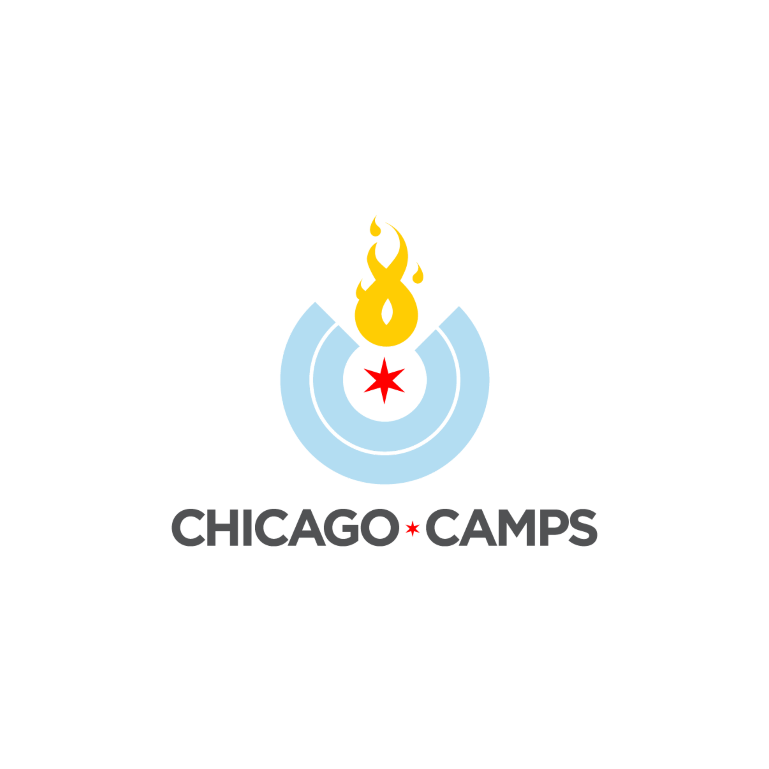 Logo of Chicago Camps featuring a stylized campfire with a yellow flame, red star at the base, and concentric blue circles around the fire, with the text 'CHICAGO CAMPS' beneath.