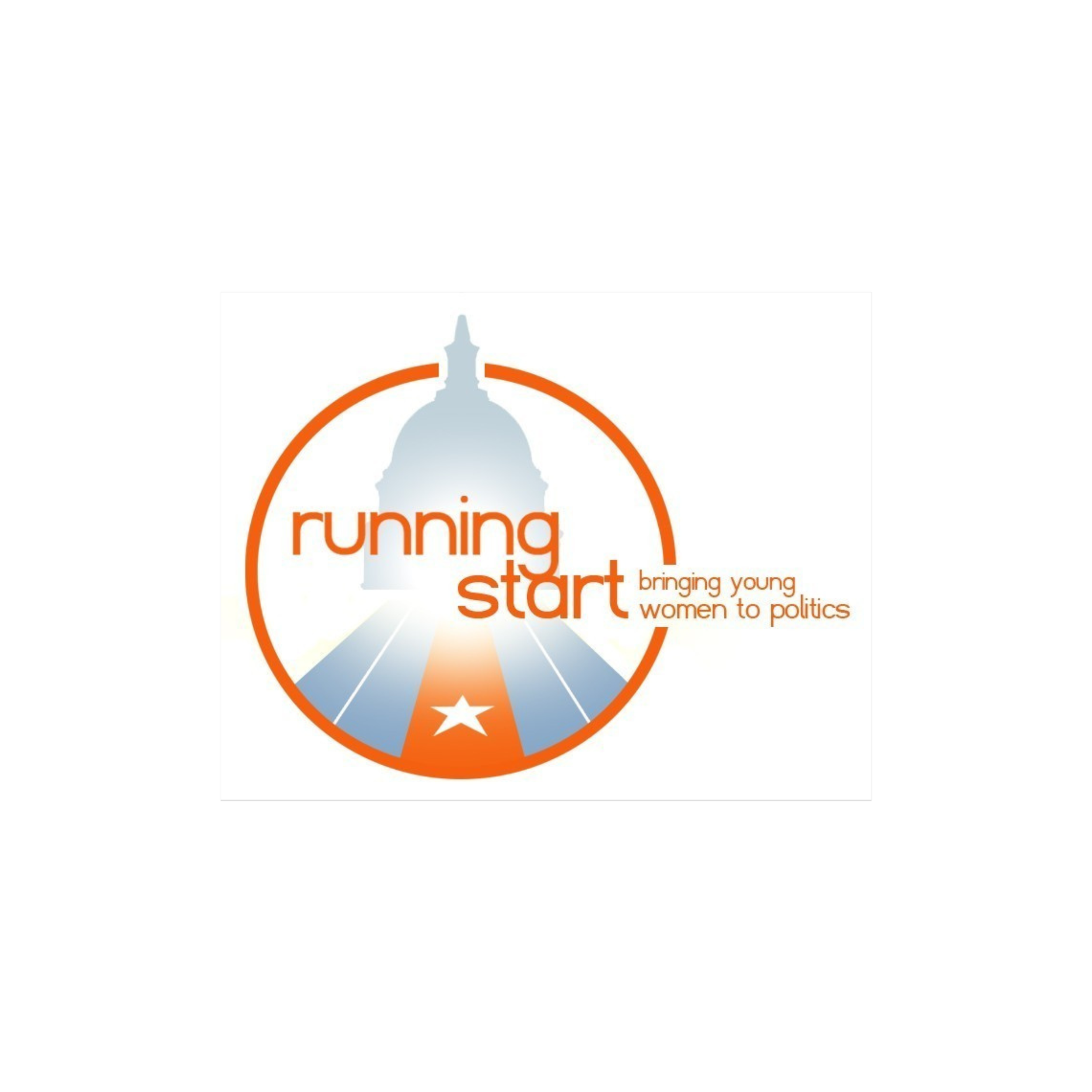 Logo for 'Running Start', an organization that aims to bring young women into politics, featuring a stylized Capitol building silhouette, a star, and a running track in orange, white, and blue colors.