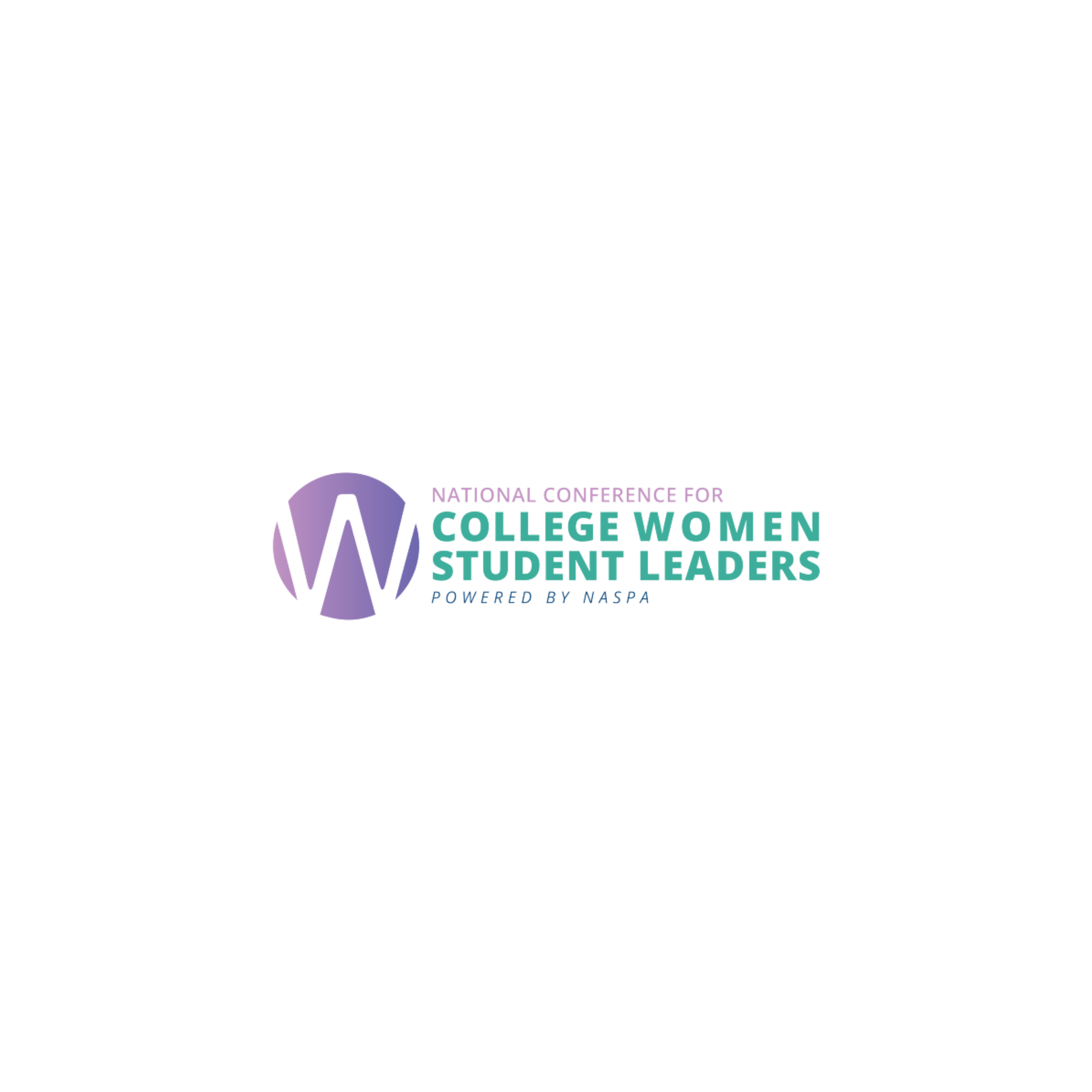 Logo for the National Conference for College Women Student Leaders, powered by NASPA, with a purple circle and a stylized W inside, and text in purple, teal, and light blue.