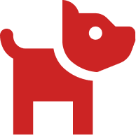 A stylized, cartoon-like red dog icon with black accents.