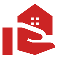 A red hand holding a red house with a winding road leading to it.