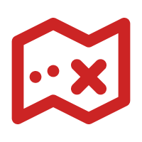 Simplified red map icon with dots and an X marked location, representing a map or navigation concept.