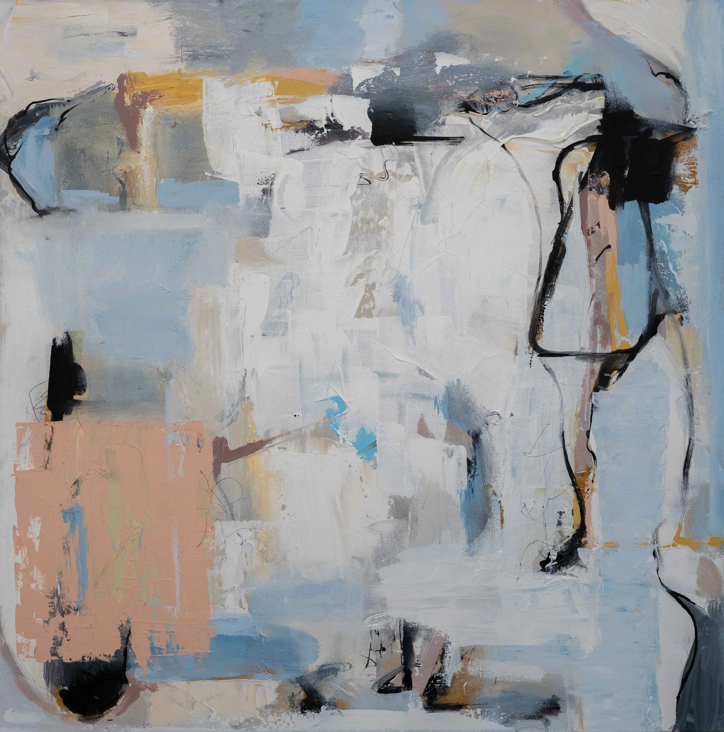 Oasis, 2026, Acrylic, ink, graphite, oil stick on canvas, 36x36" By Donna Isham.jpg
