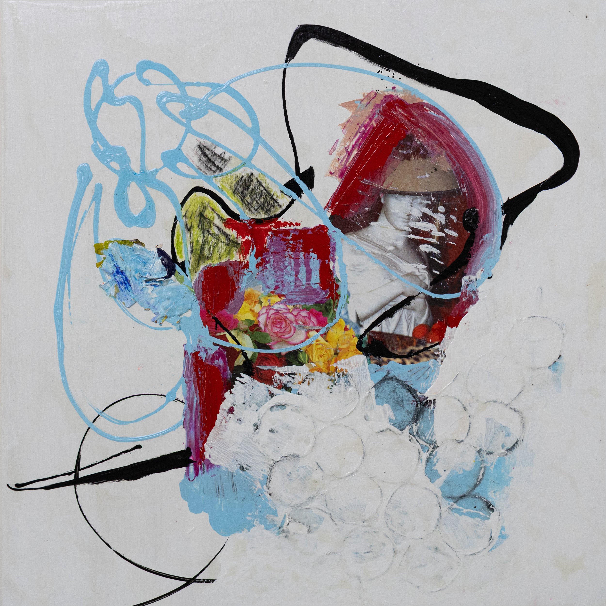 Blue Swirl, 2025, Acrylic, paper, graphite on panel, 24x24"
