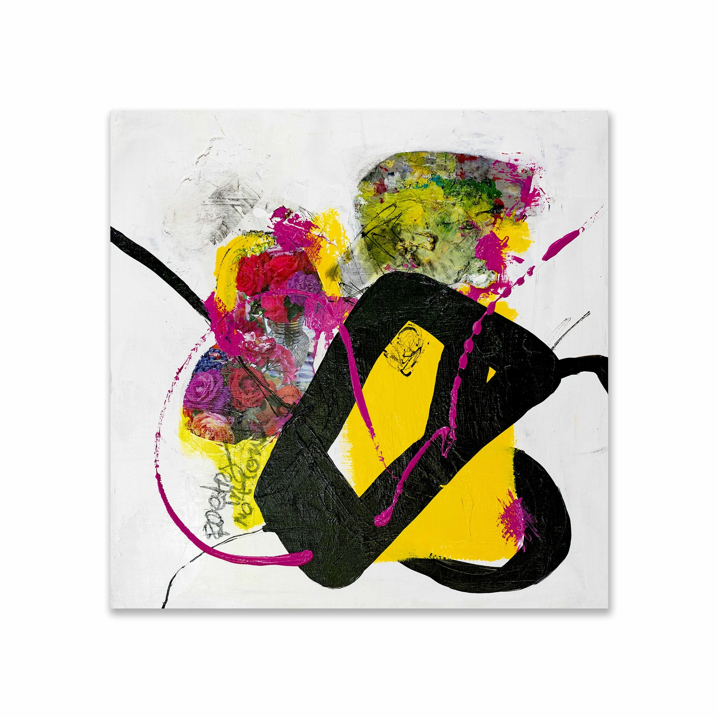 Poetry In Motion, 2025, Acrylic, paper, graphite on panel, 24x24”