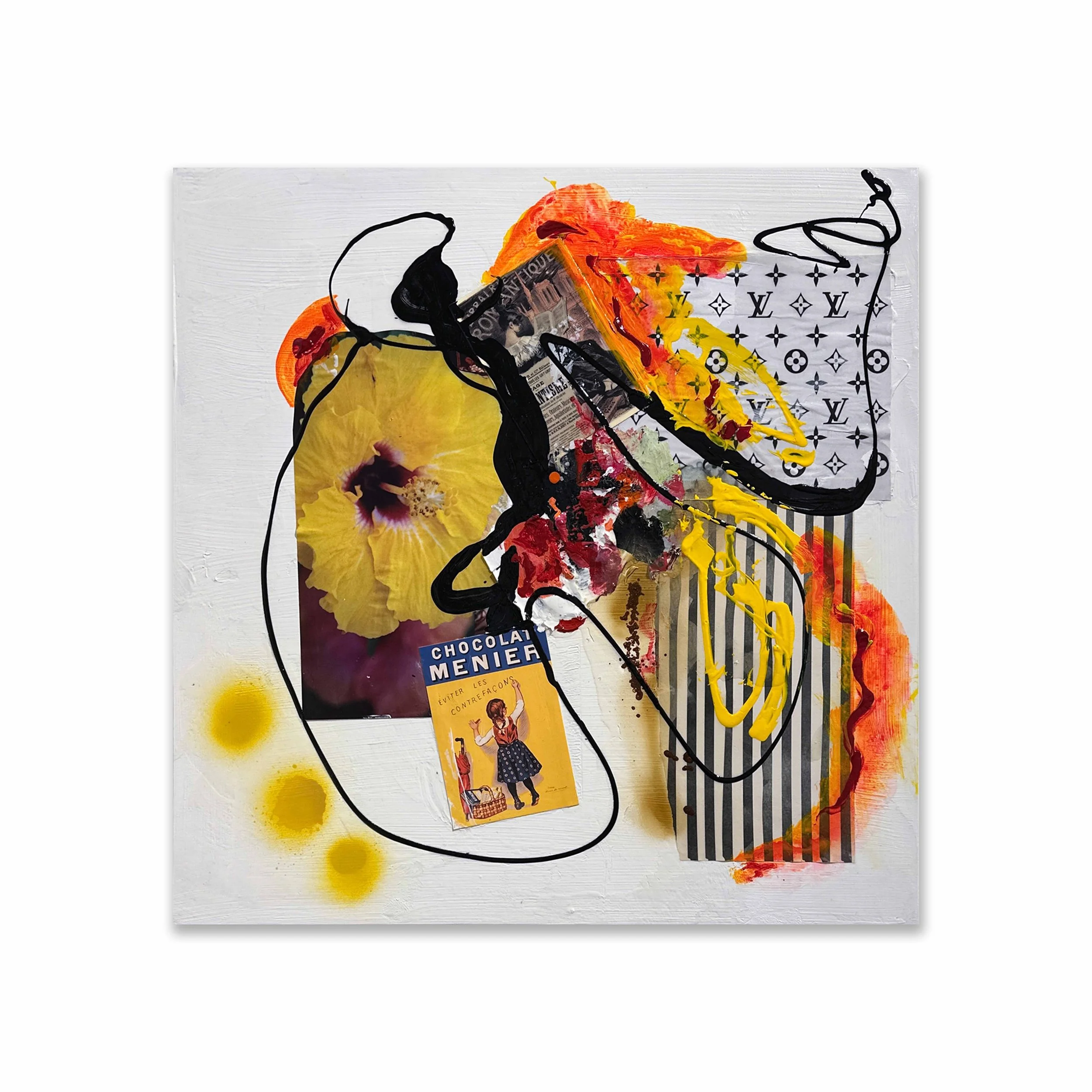 Chocolat In Paris, 2025, Acrylic, paper, graphite on panel, 24x24"