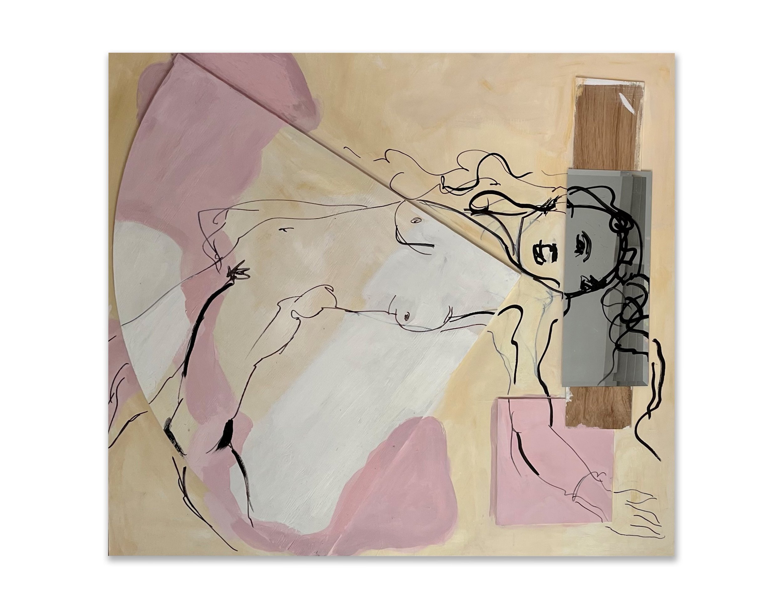 Lillet in the Afternoon, 2022, Acrylic, ink, graphite, mirror on wooden panel, 48x48"