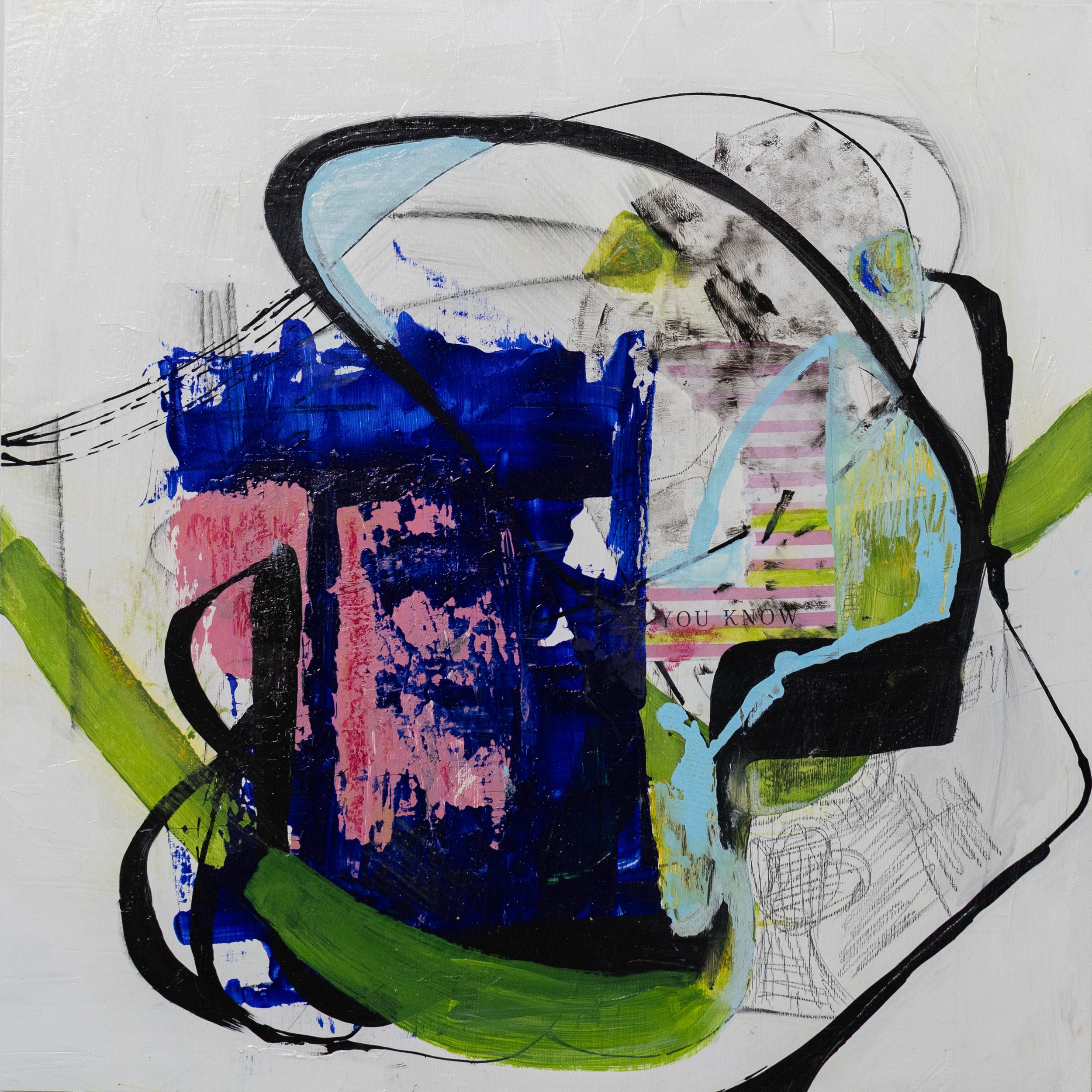 Blue Block, 2025, Acrylic, paper, graphite on panel, 24x24"