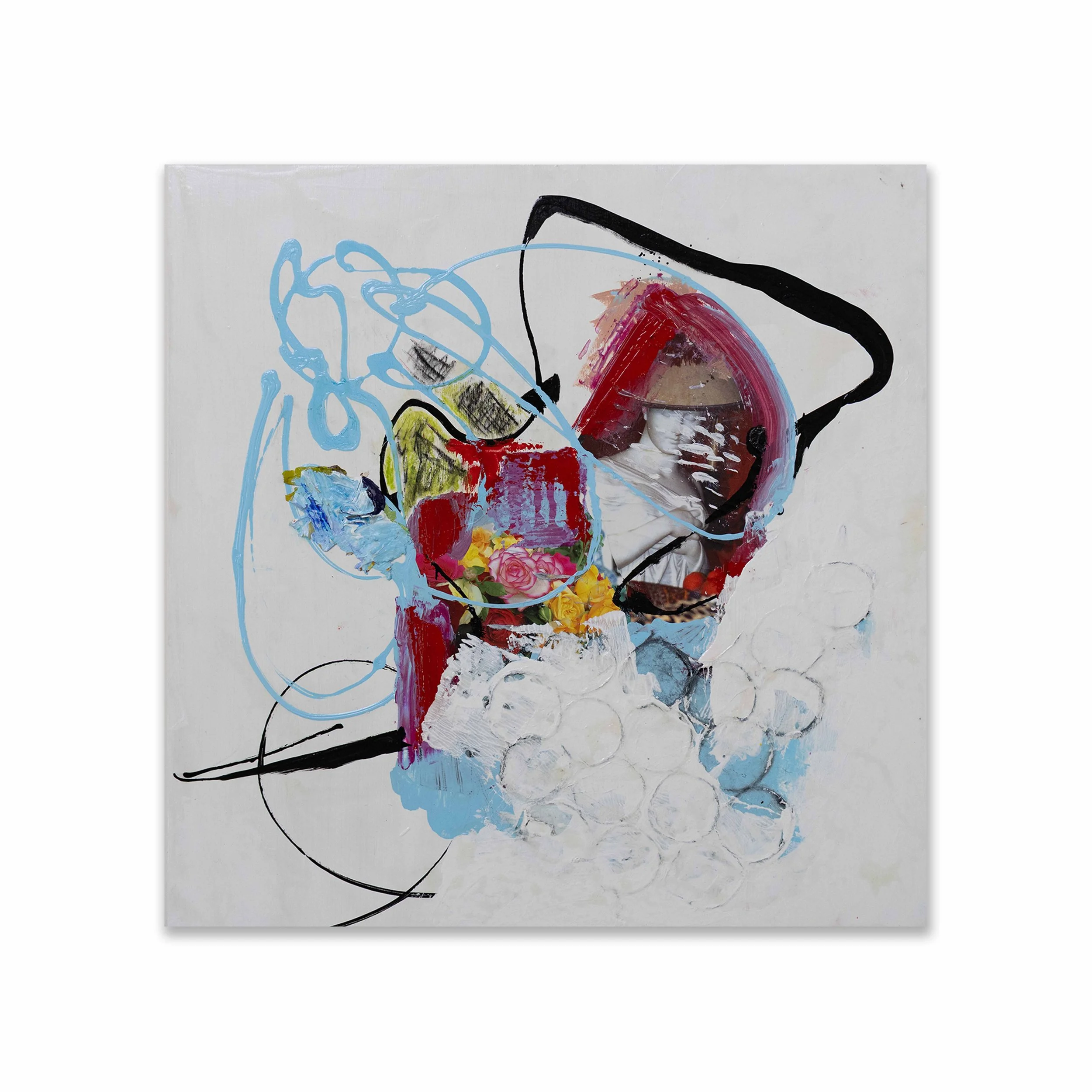 Blue Swirl, 2025, Acrylic, paper, graphite on panel, 24x24”