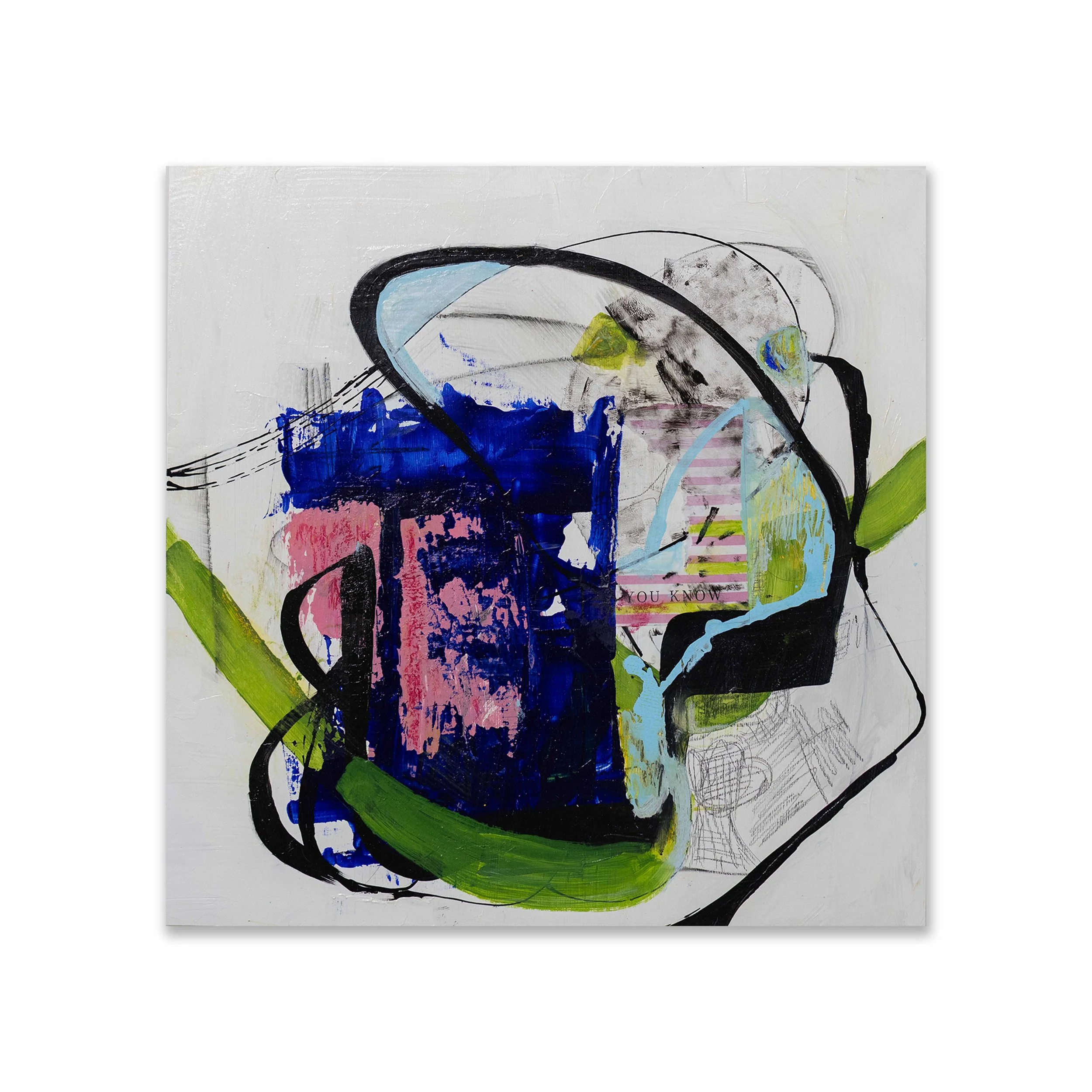 Blue Block, 2025, Acrylic, paper, graphite on panel, 24x24”