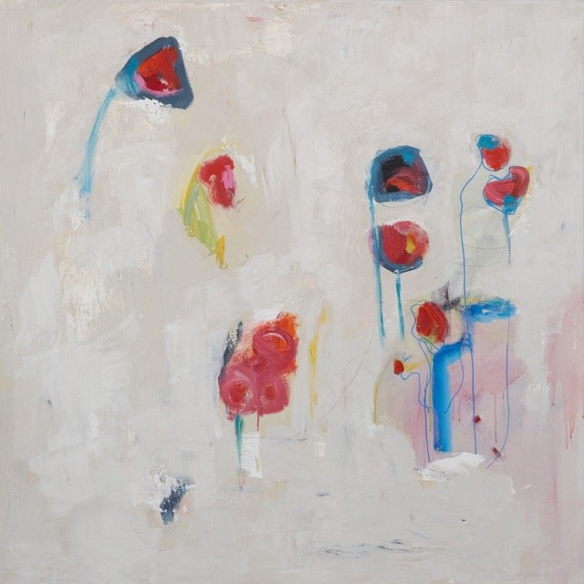 Owl Creek Flowers, 2025, Acrylic, graphite, oil and cold wax on canvas, 48x48