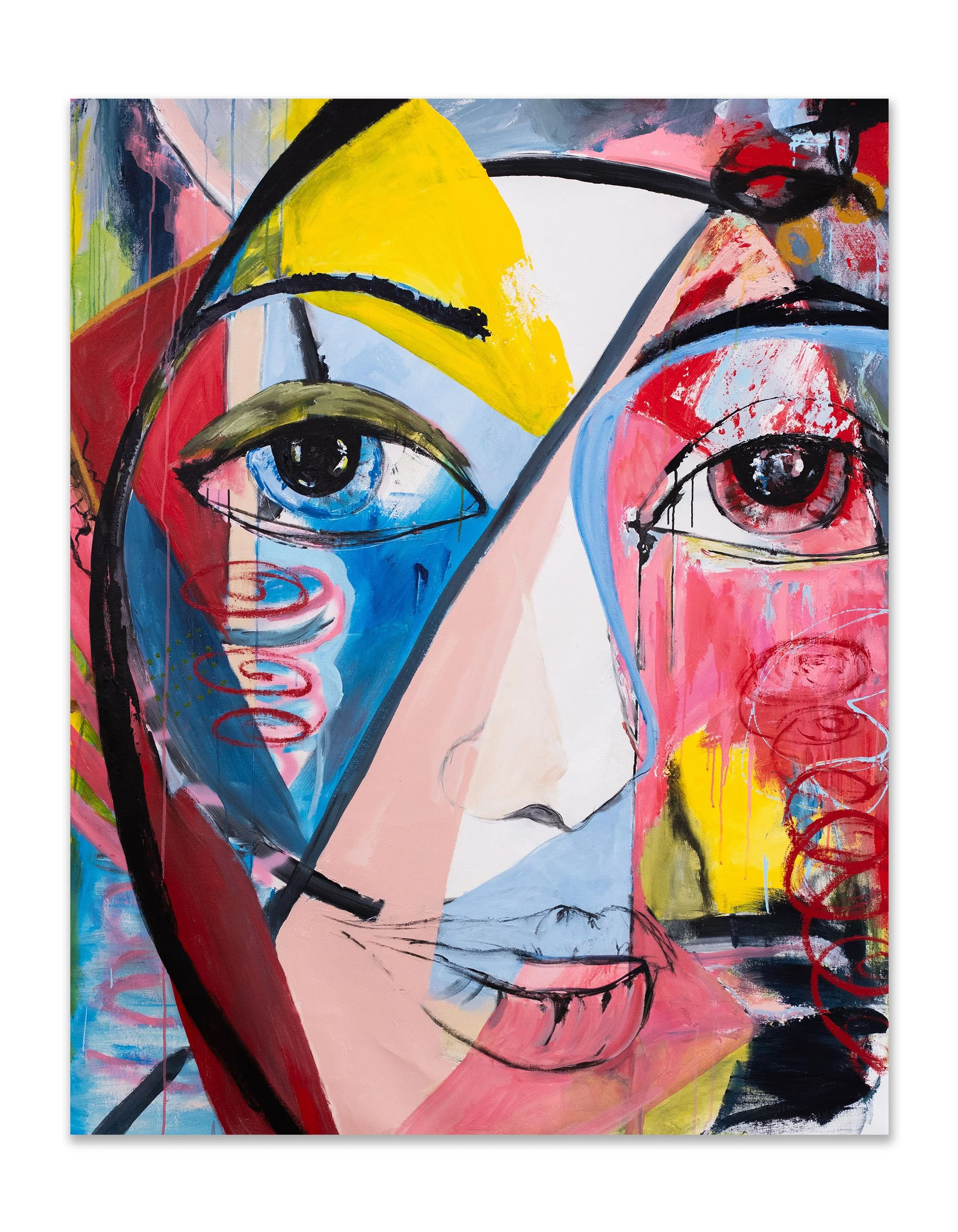 She Never Left, 2026, Acrylic, Spray Paint, Oil Stick, Charcoal on canvas, 67x53"