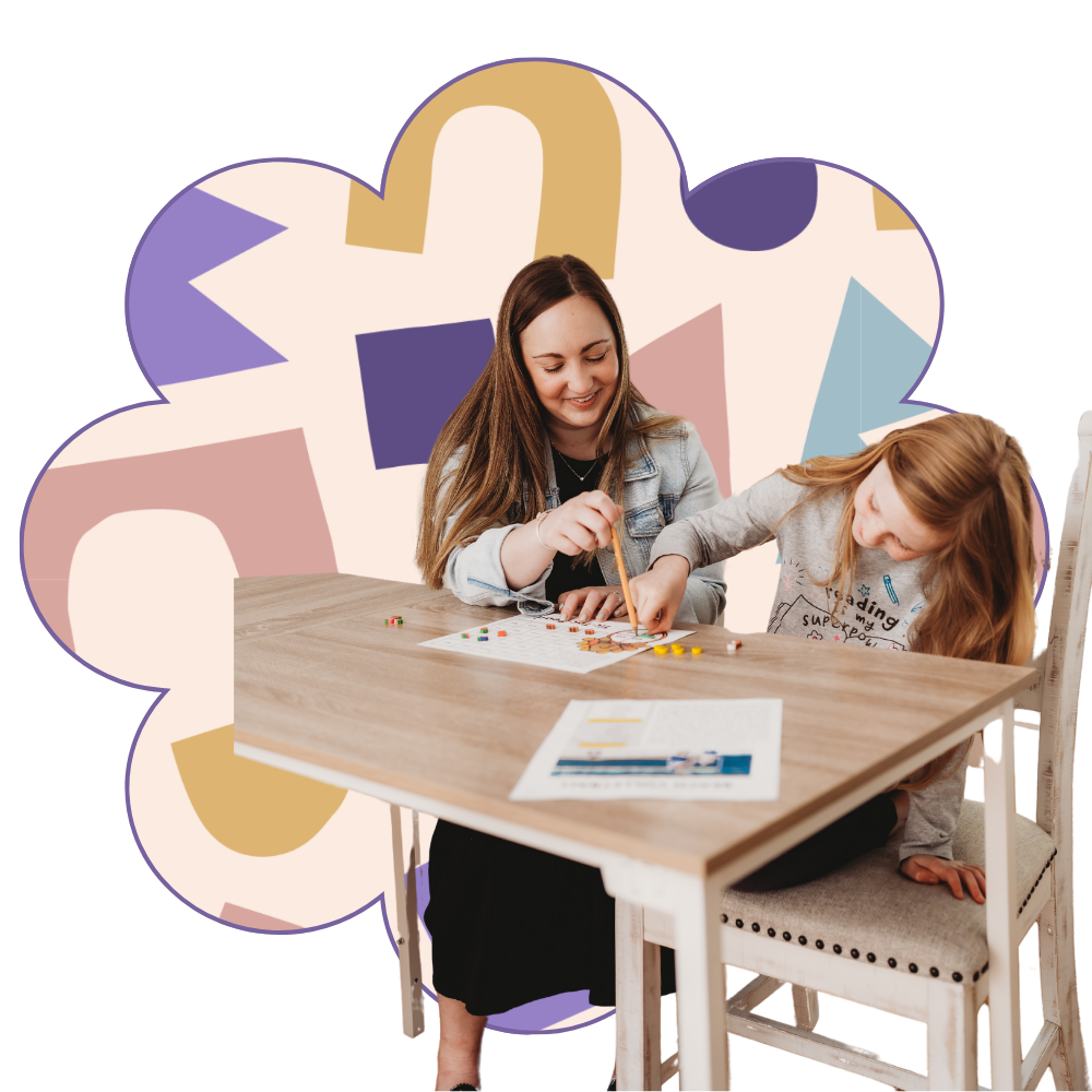 A woman and a young girl sitting at a wooden table, engaged in a learning activity with colorful beads. They are surrounded by a colorful abstract background.