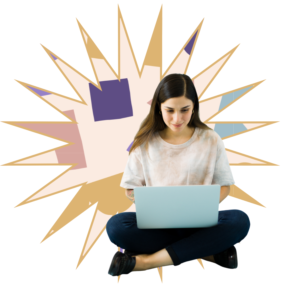 Woman sitting cross-legged using a laptop with abstract starburst background.