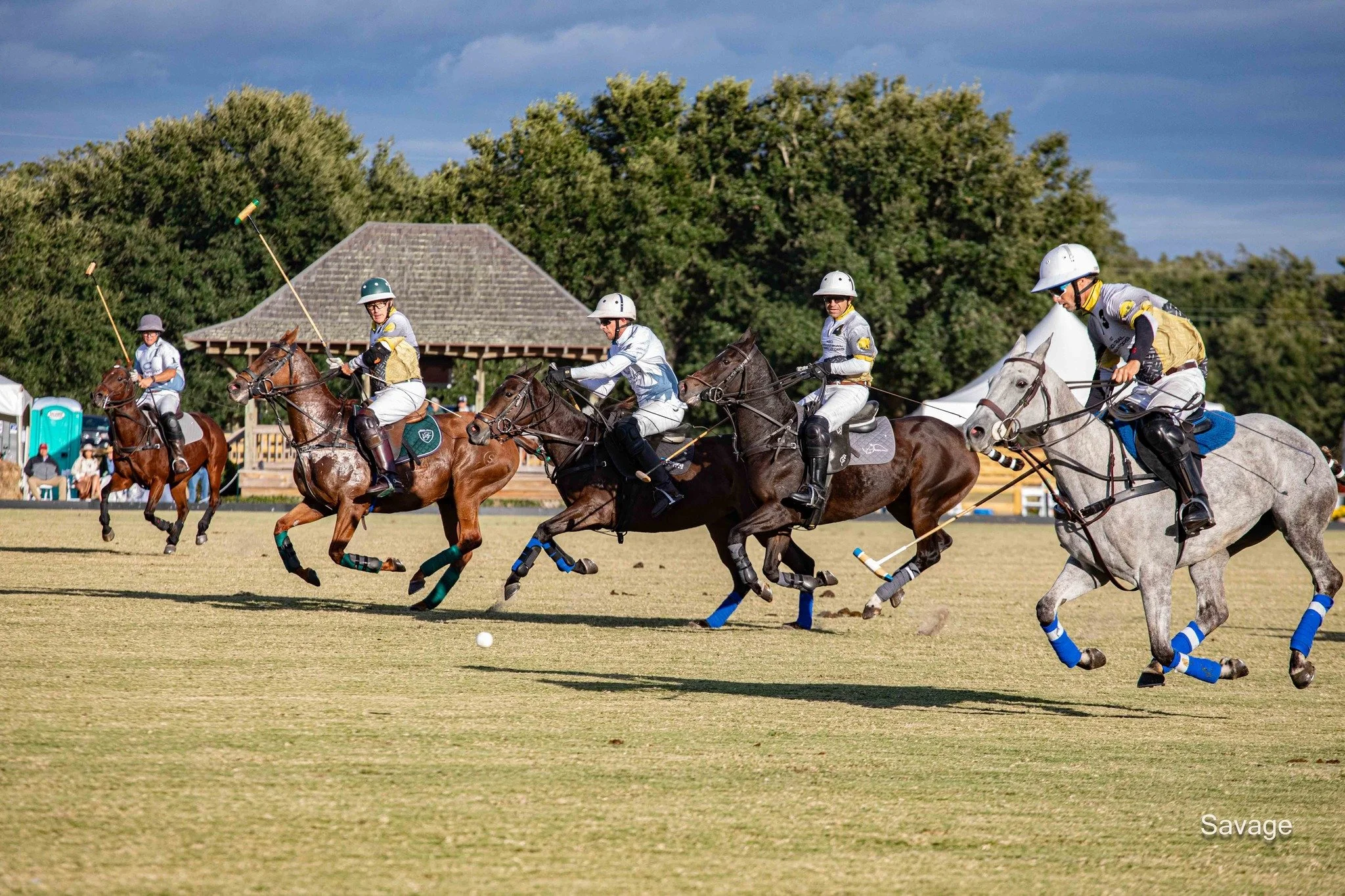 Polo players riding horses on a field during a polo match, wearing helmets and gear, with mallets raised.