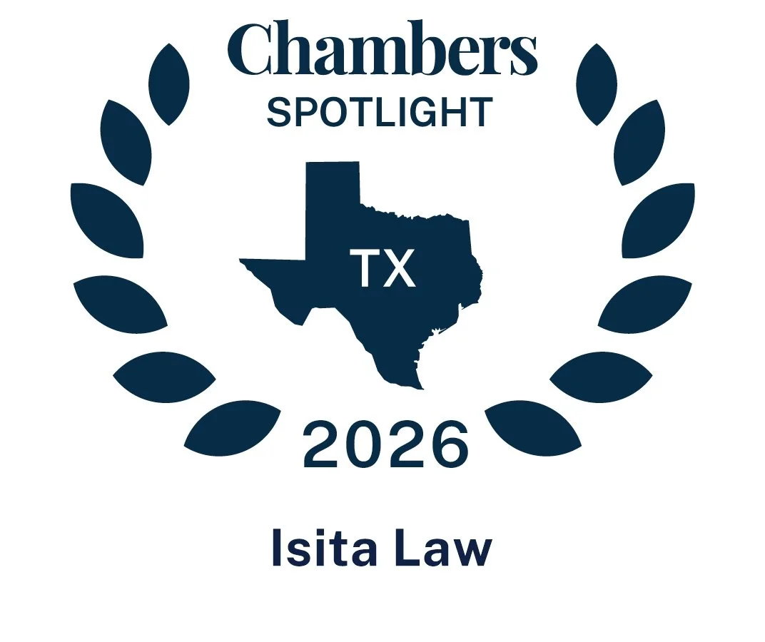 A logo for Chambers Spotlight 2026 featuring a dark blue outline of the state of Texas with 'TX' inside, surrounded by a laurel wreath, and the text 'Chambers Spotlight 2026 Isita Law' beneath.