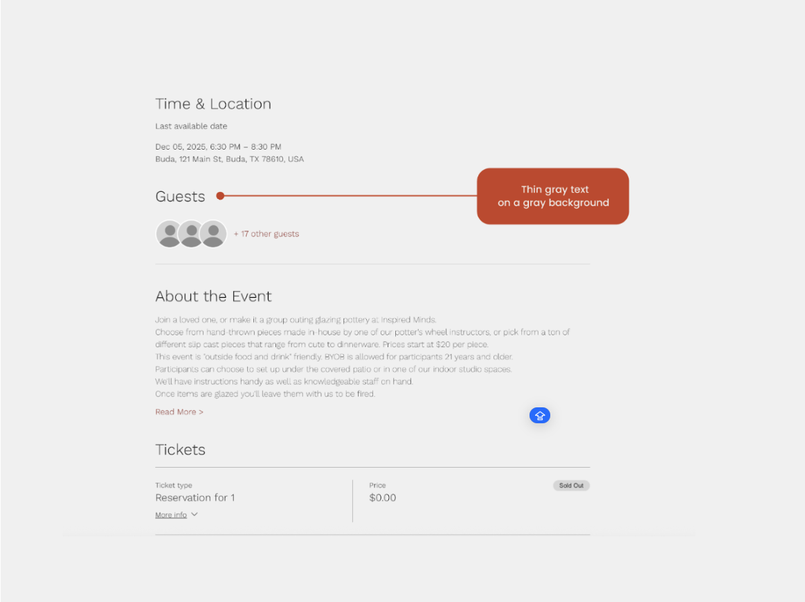 BEFORE: Low-contrast thin gray text on a gray background made event descriptions hard to read.