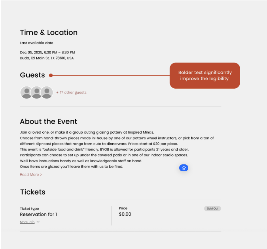 AFTER: Higher contrast and bolder text significantly improve the readability of event descriptions.