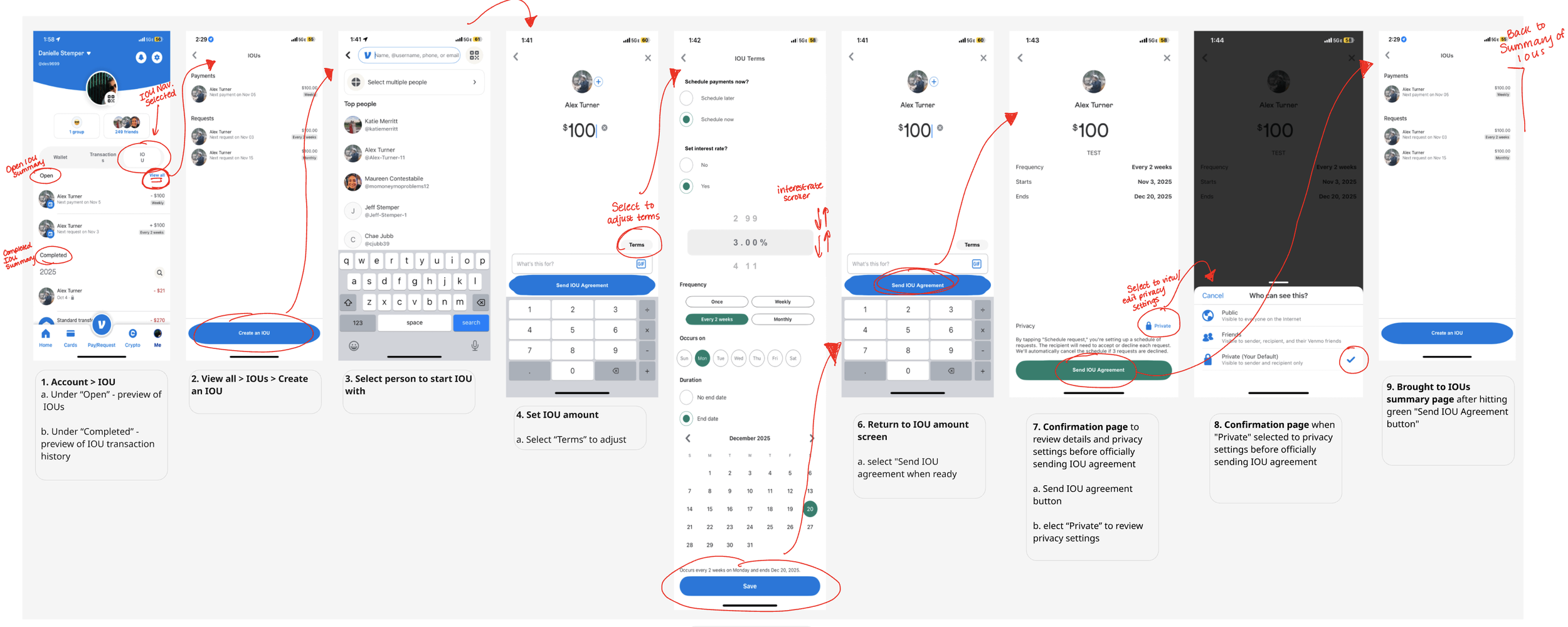 My second iteration of wireframes mapping out potential IOU design concepts.

