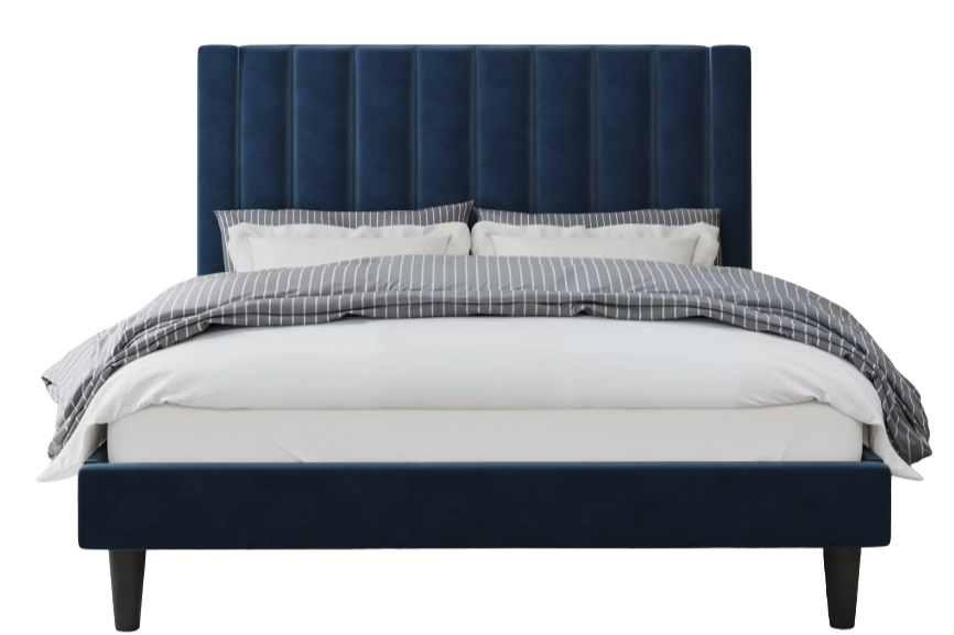 A neatly made bed with a dark blue upholstered headboard and matching bed frame, white sheets, a gray striped blanket, and two white pillows.