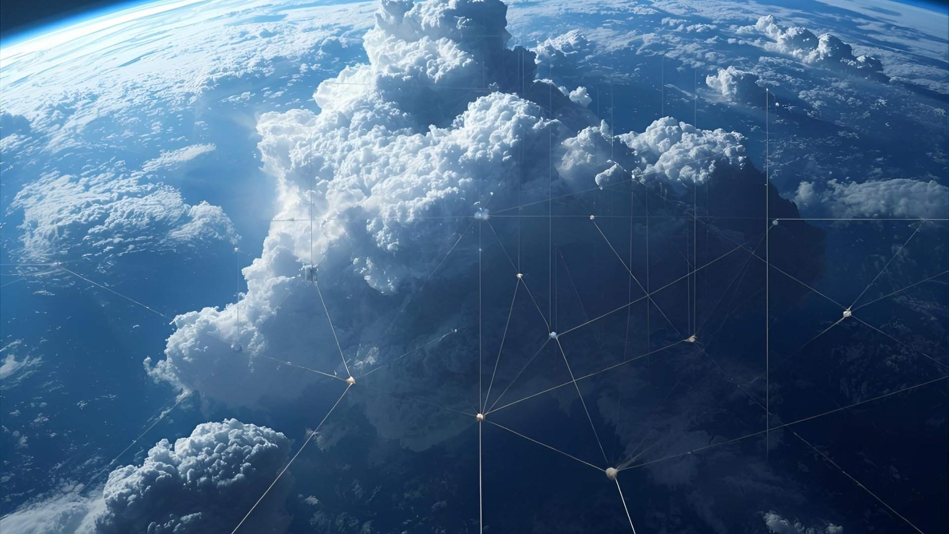 AI Generated Satellite view of Earth from space with AI Cloud Solutions Architect Professional Certified AWS Azure Google GCP with clearing formations and interconnected network clearance display lines overlayed for Augmented Reality (.AR) Glasses.
