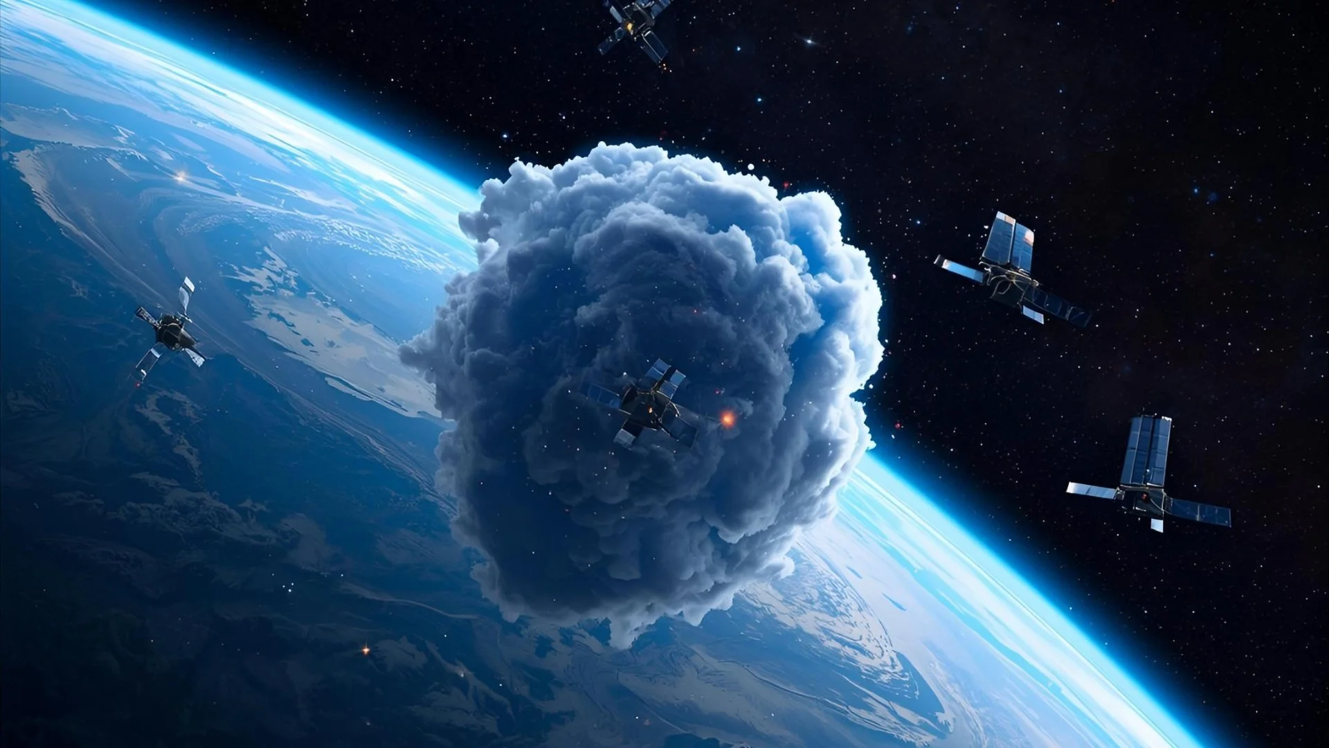 AI Generated simulation of AI Cloud Satellite destruction.