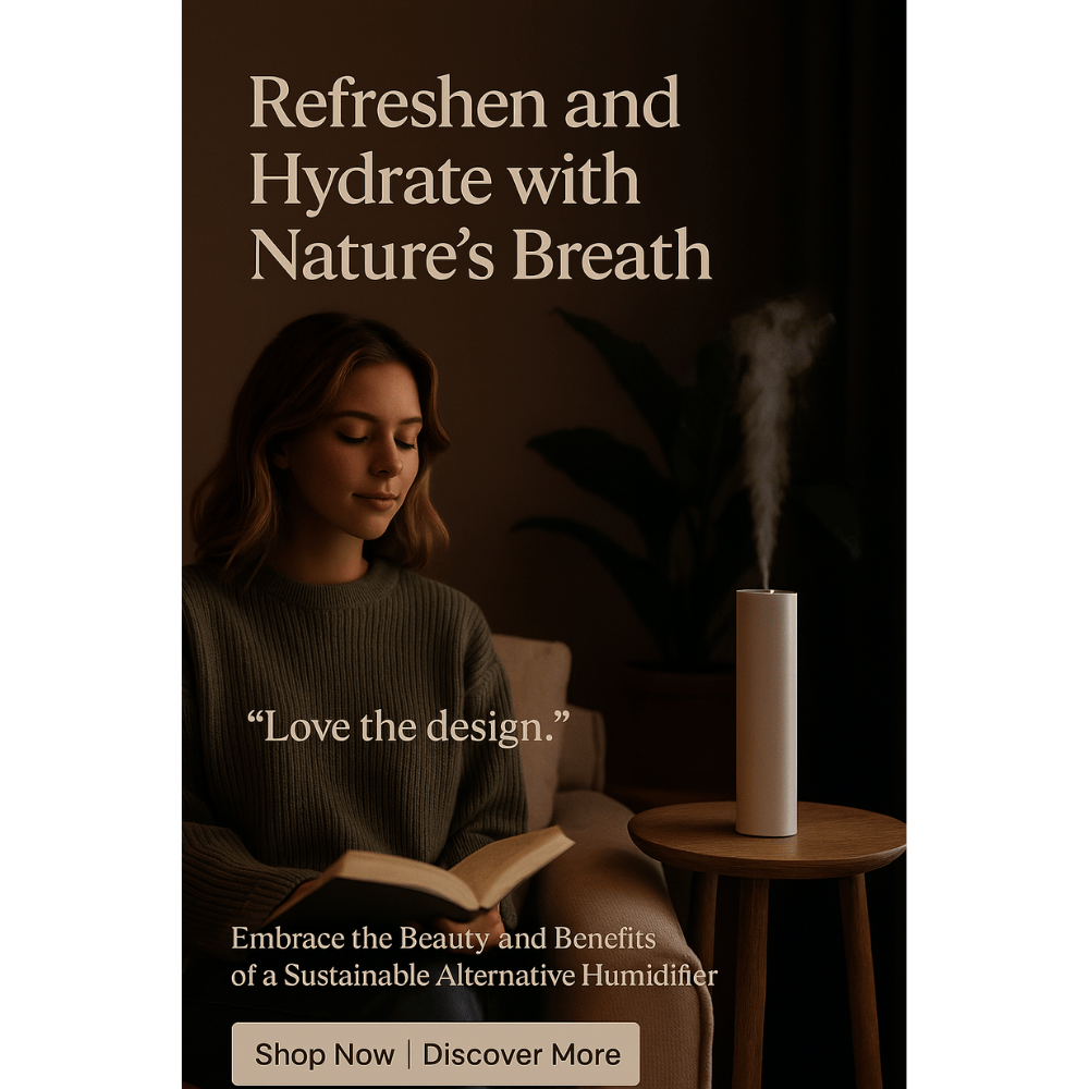 AI Powered Advertisement of a Woman reading a book next to a humidifier on a table, with text promoting a sustainable alternative humidifier and buttons labeled 'Shop Now' and 'Discover More.'
