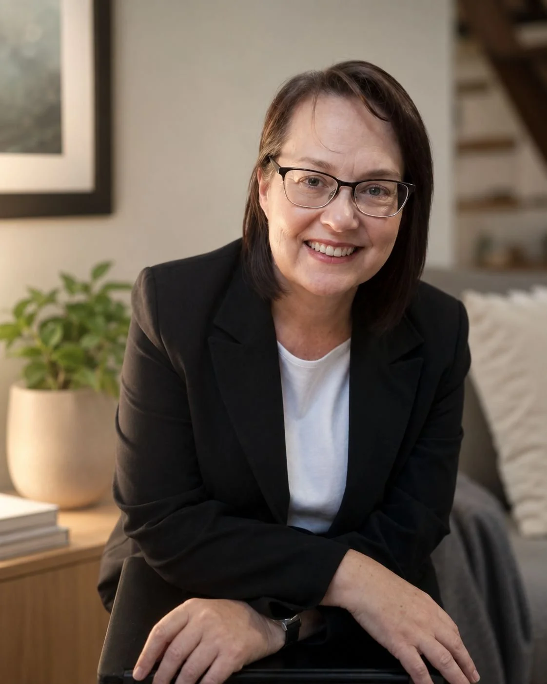 woman in black blazer in home office