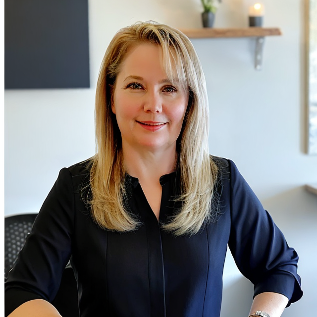 A woman with blonde hair wearing a navy blue blouse smiling while sitting in an office.