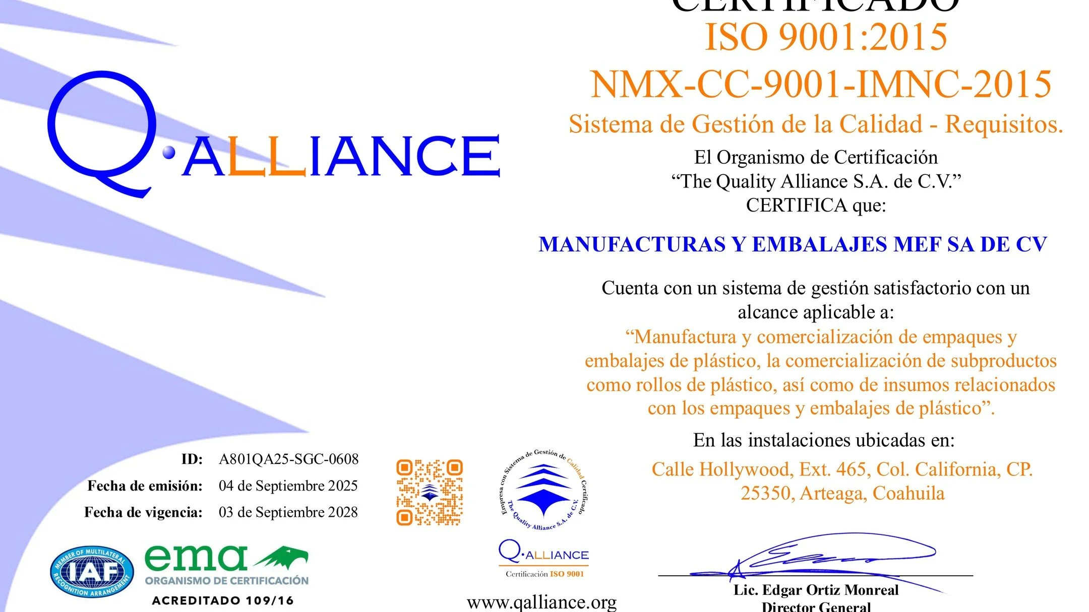 &iexcl;Un paso m&aacute;s hacia la excelencia! 🎉

En MEF hemos obtenido la certificaci&oacute;n ISO 9001:2015, que respalda nuestro compromiso con la calidad, la innovaci&oacute;n y la mejora continua.

Gracias a nuestro equipo y a nuestros clientes