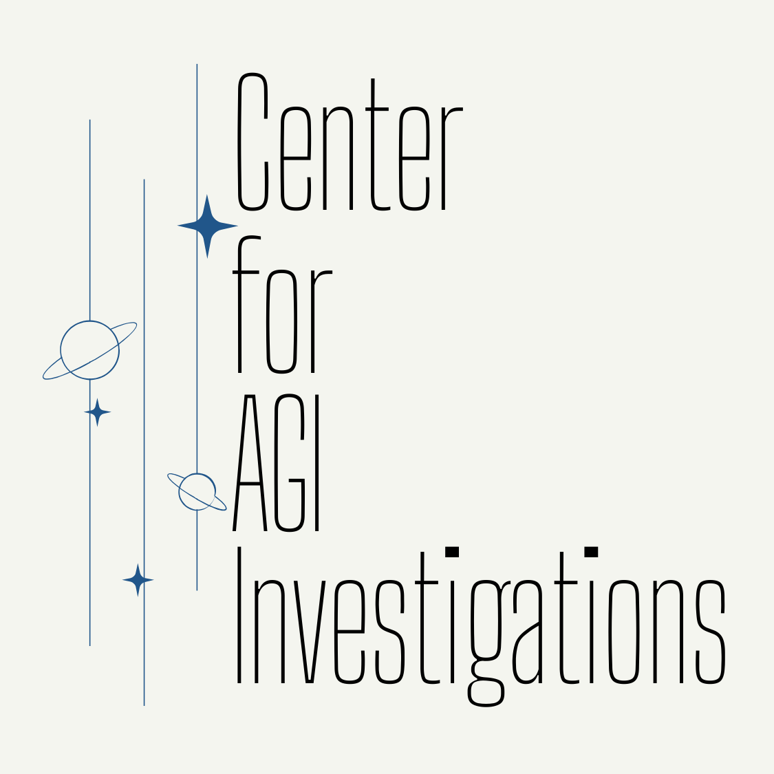 "Center for AGI Investigations" text with stylized planets and stars.