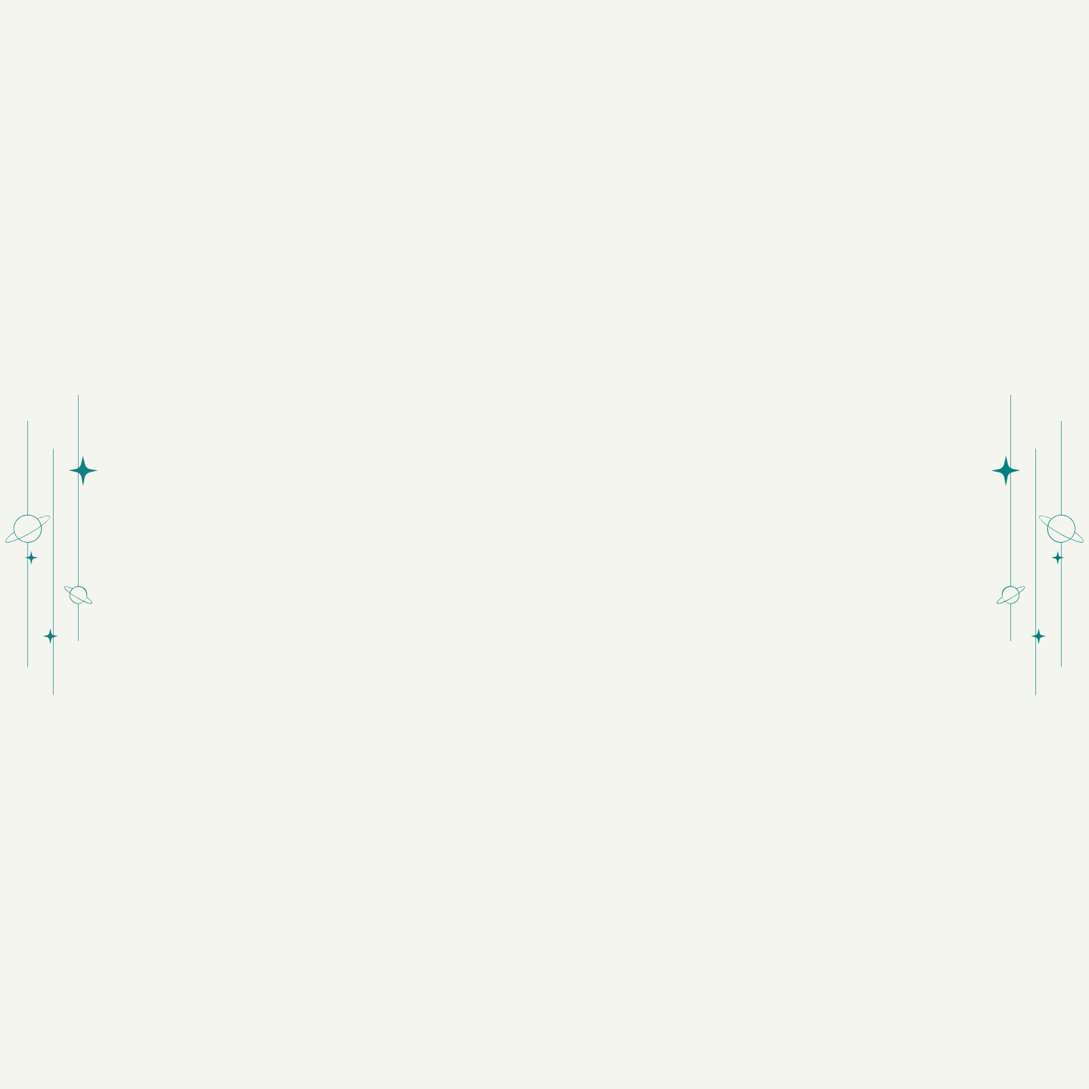 Minimalist design with planet and star icons on left and right edges