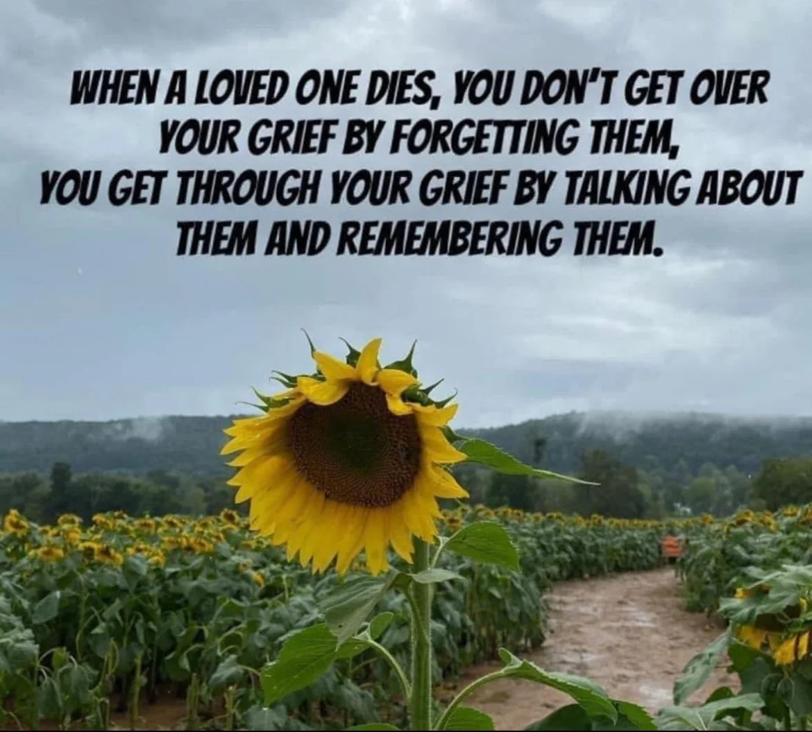 A quote about grief over a sunflower field with a cloudy sky in the background.