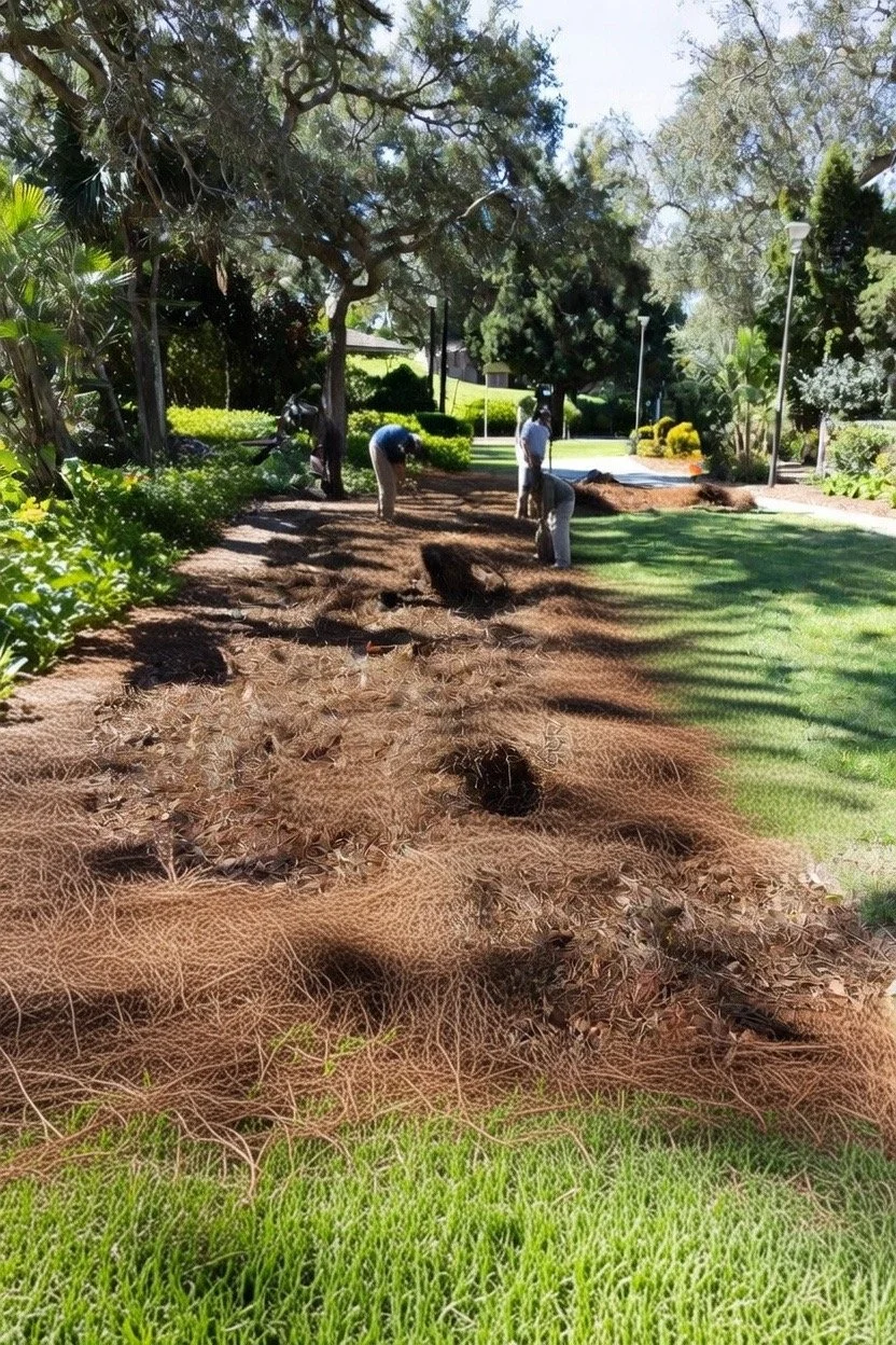 Landscaping team in a Santa Rosa Beach park removing dried plants, preparing soil, and planting new grass sod; demonstrates pre-installation prep before 30A Eco Straw’s pine straw mulching for sustainable, low-maintenance yards.