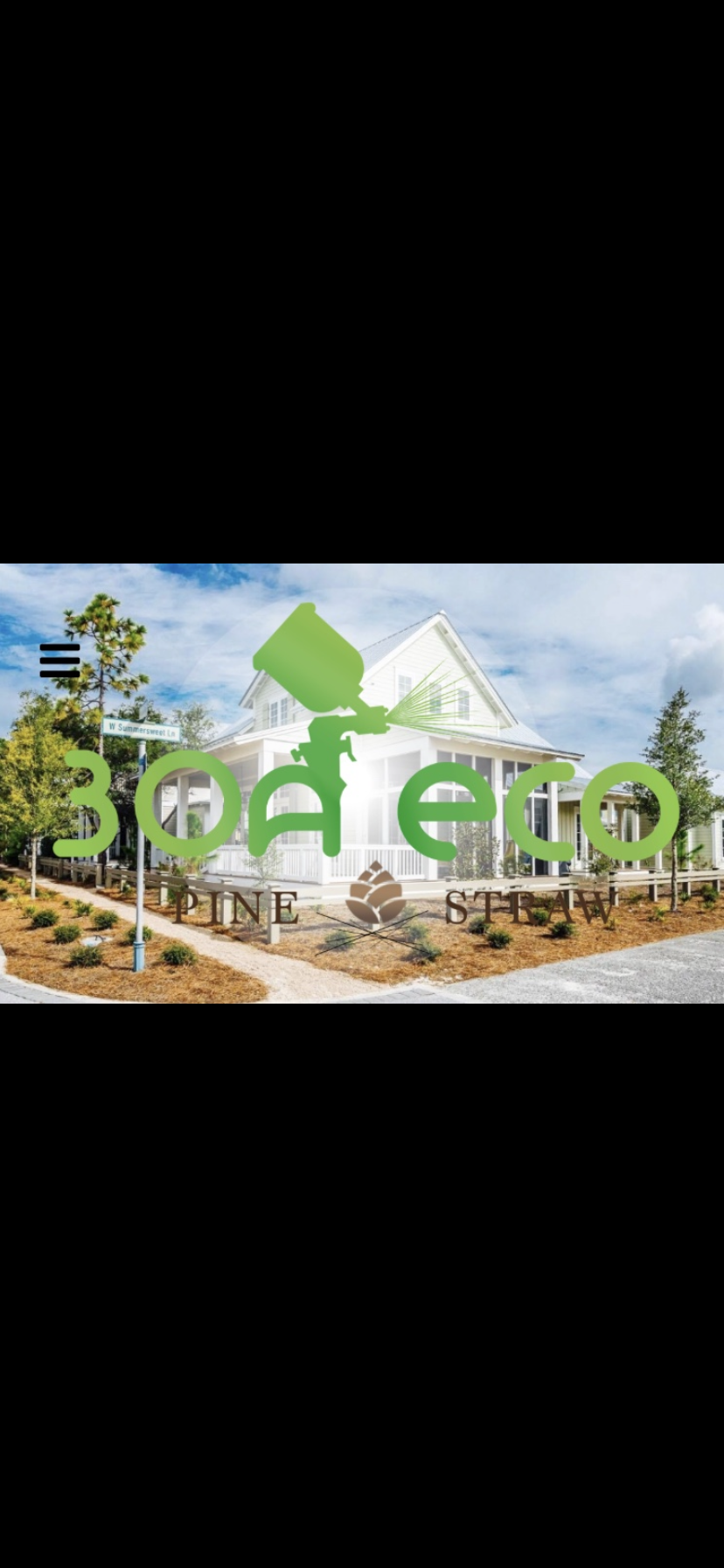 Residential home on N Summer Street Ln under blue skies, showcasing eco-friendly pine straw application with overlaid green 30+ Eco spray logo and ‘Pine Straw’ text from 30A Eco Straw’s dyed, UV-protected mulch service.