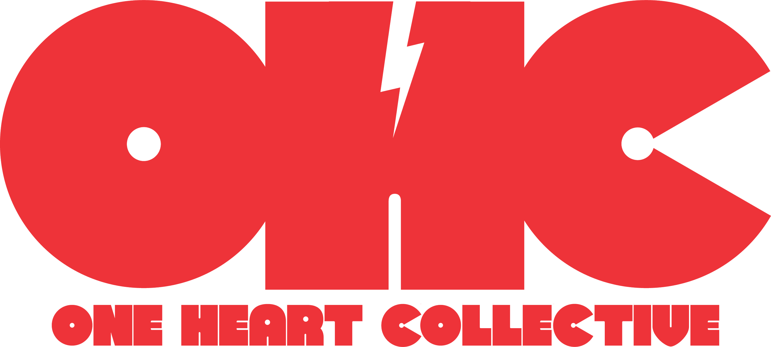 Logo for One Heart Collective featuring a red Pac-Man style character with a lightning bolt and the text 'One Heart Collective' beneath.
