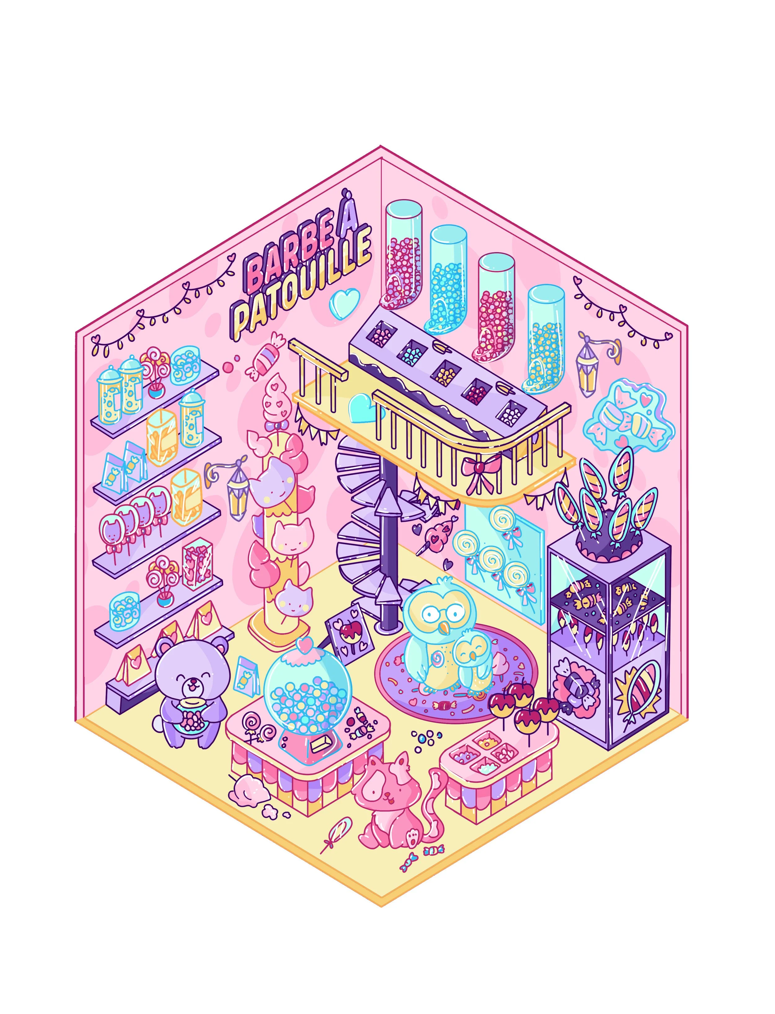 Une illustration colorée d'une boutique nommée "Barbée à Patouille" avec des décorations, des bonbons, des animaux mignons et des jouets, dans un style kawaii.