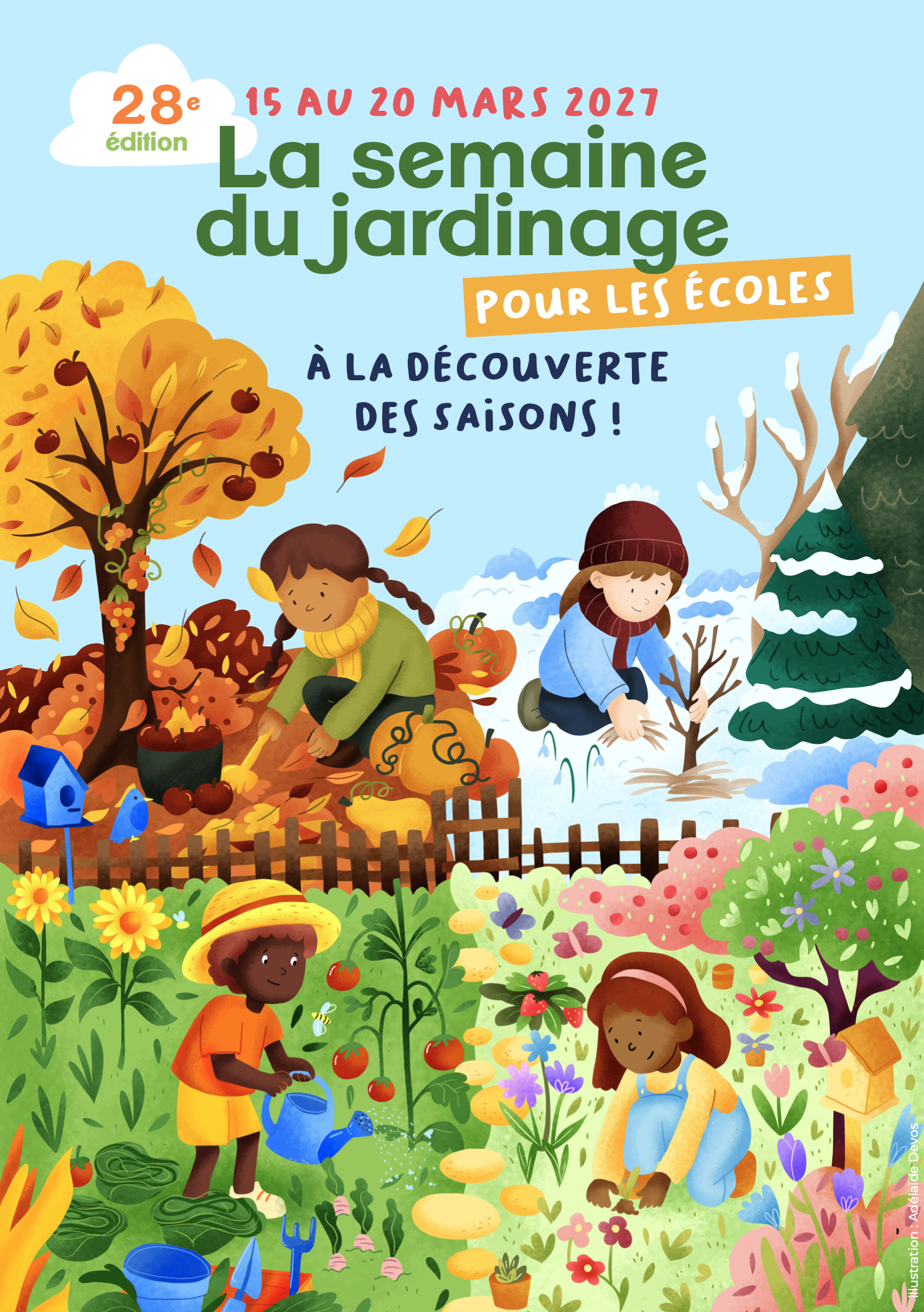 Une affiche illustrée pour la semaine du jardinage en mars 2027, avec des enfants plantant et cultivant différentes plantes, arbres et fleurs dans un jardin coloré et accueillant.