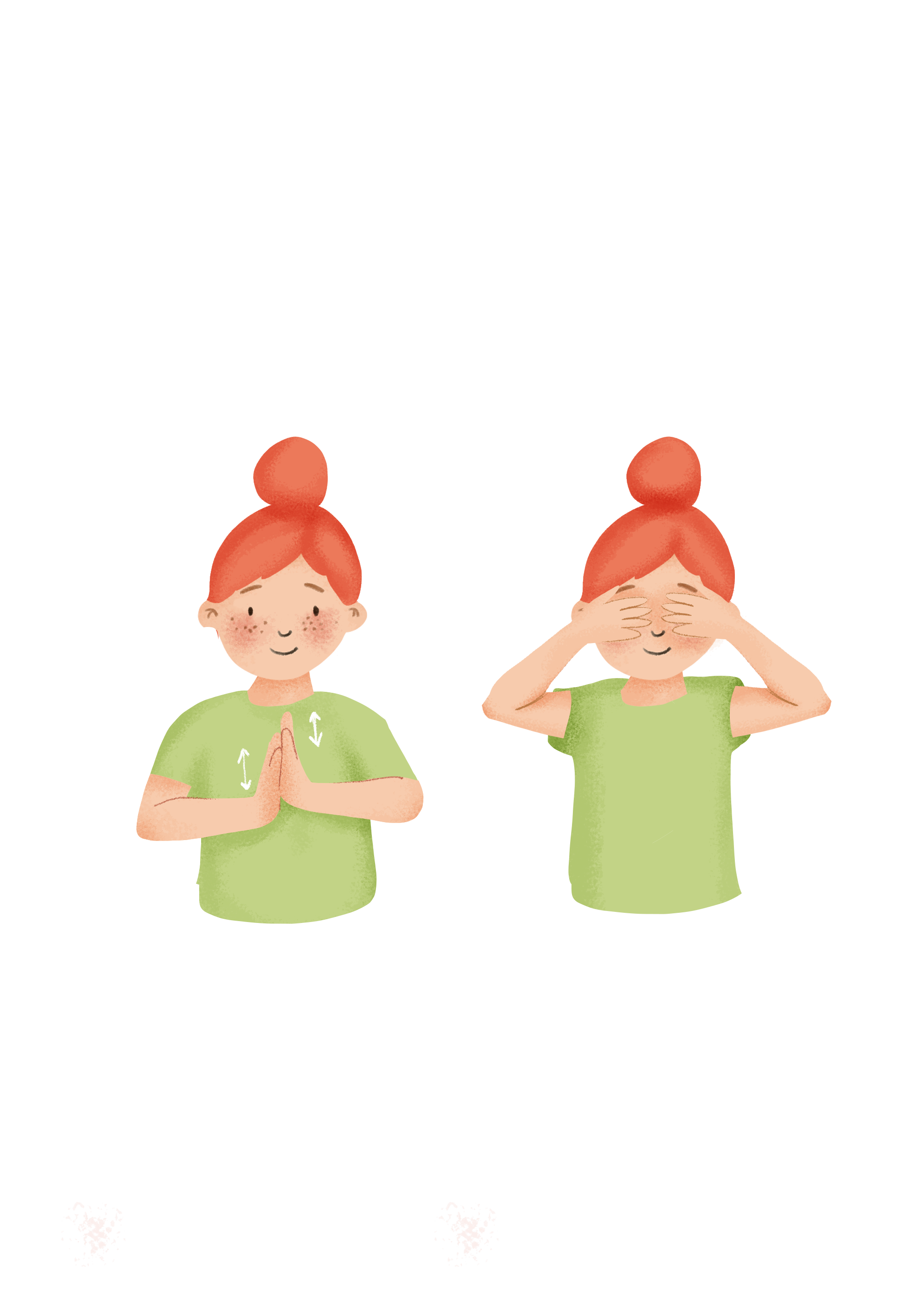 Illustration de deux jeunes filles aux cheveux roux en tresses, portant des t-shirts verts. La première fait la prière avec les mains jointes et des flèches indiquant le mouvement du prier, la seconde couvre ses yeux avec ses mains, symbolisant la méditation ou la concentration. Des paillettes roses au sol indiquent un contexte créatif ou ludique.