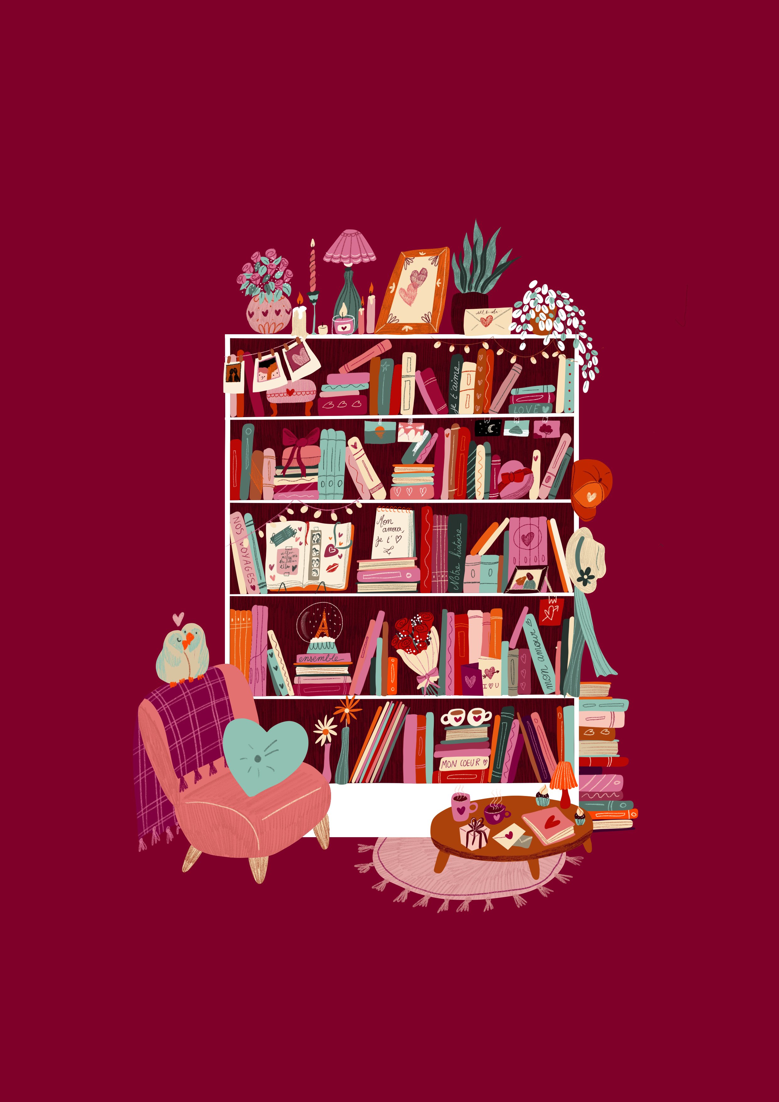 Une illustration d'une grande étagère de livres décorée de guirlandes lumineuses, de plantes, de photos, de bougies et d'objets romantiques. Une chaise rose moelleuse avec des coussins en forme de cœur se trouve devant, accompagnée d'une petite table avec des cadeaux et des boissons.