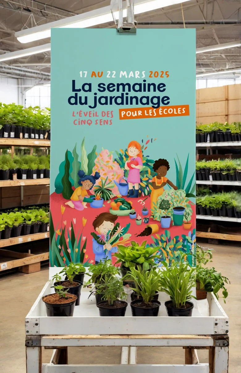 Une affiche promotionnelle pour la semaine du jardinage 2025, avec des enfants cultivant des plantes dans une serre ou un centre de jardinage.