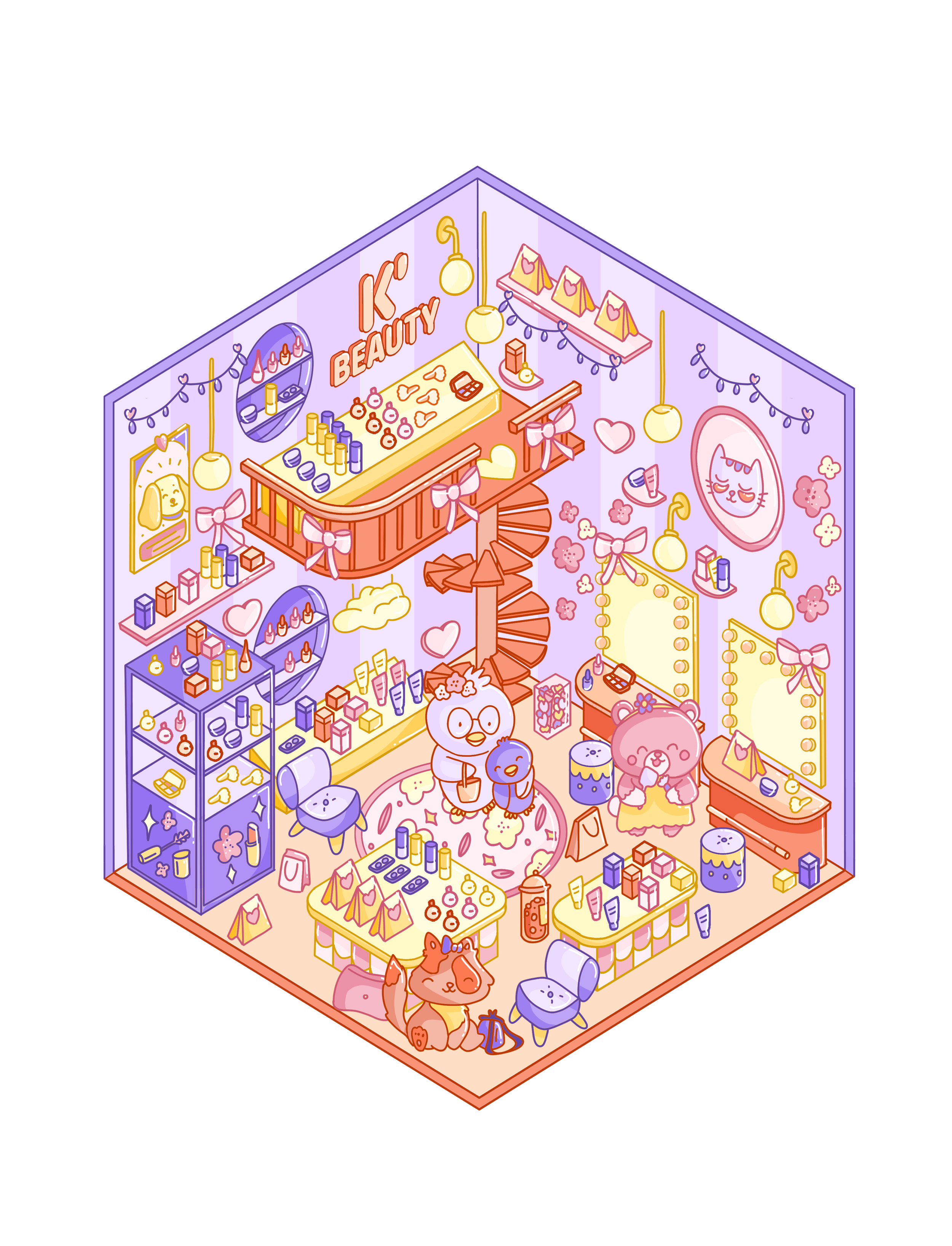 Boutique de beauté avec des étagères remplies de produits, un grand miroir avec un chat dessiné, décorations de cœurs, boules suspendues, une spiral staircase en bois, un personnage de dessin animé avec un singe, et diverses décorations aux couleurs pastel et roses.