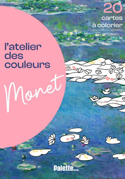 Couverture d'un livre de coloriage avec une peinture de Monet représentant un étang avec des nénuphars, accompagnée de texte en français mentionnant 20 cartes à colorier sur l'atelier des couleurs Monet.