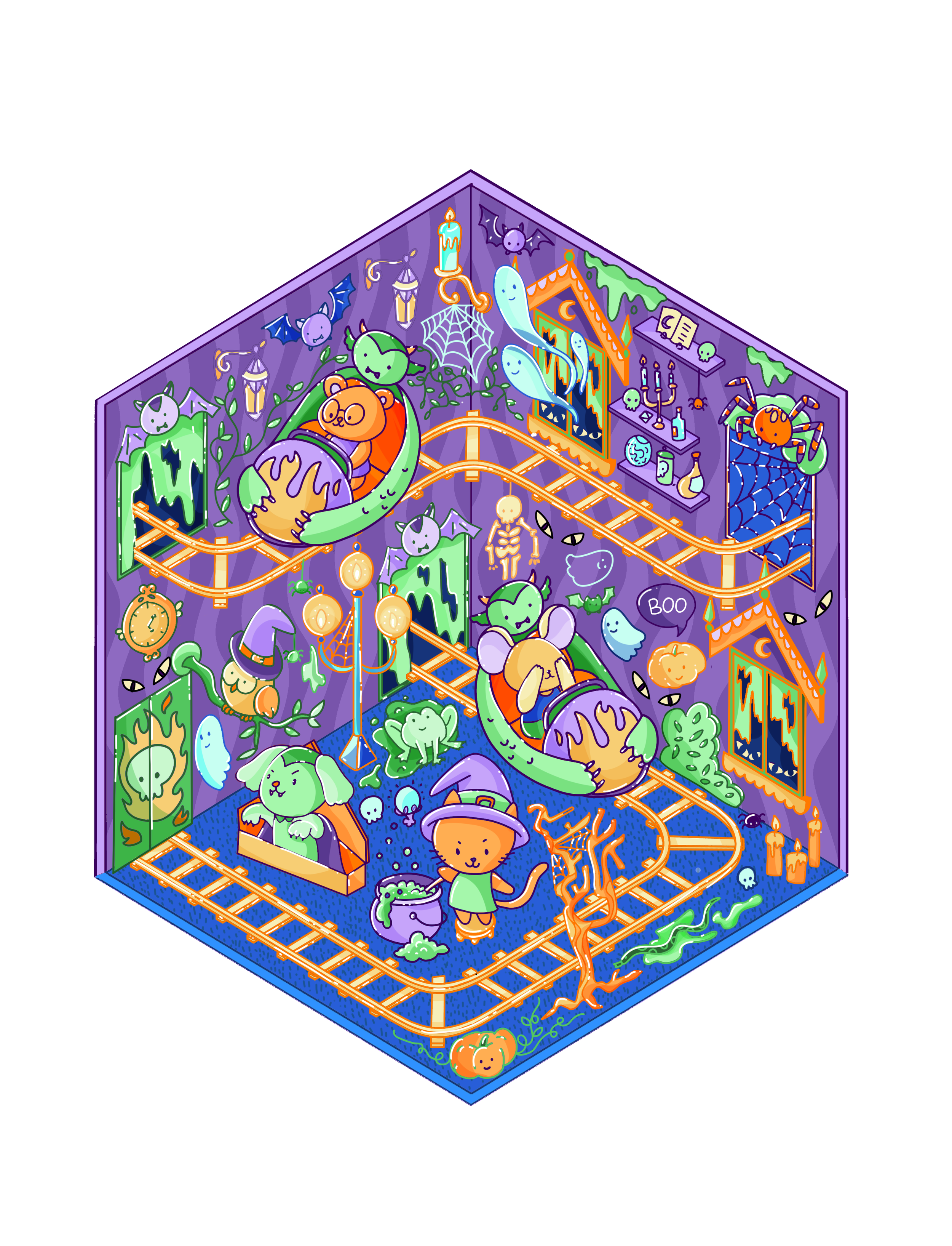 Une scène de fête d'Halloween avec des animaux mignons et des décorations colorées, incluant des citrouilles, des fantômes, des chauves-souris et une maison hantée, sur un fond violet et orange.